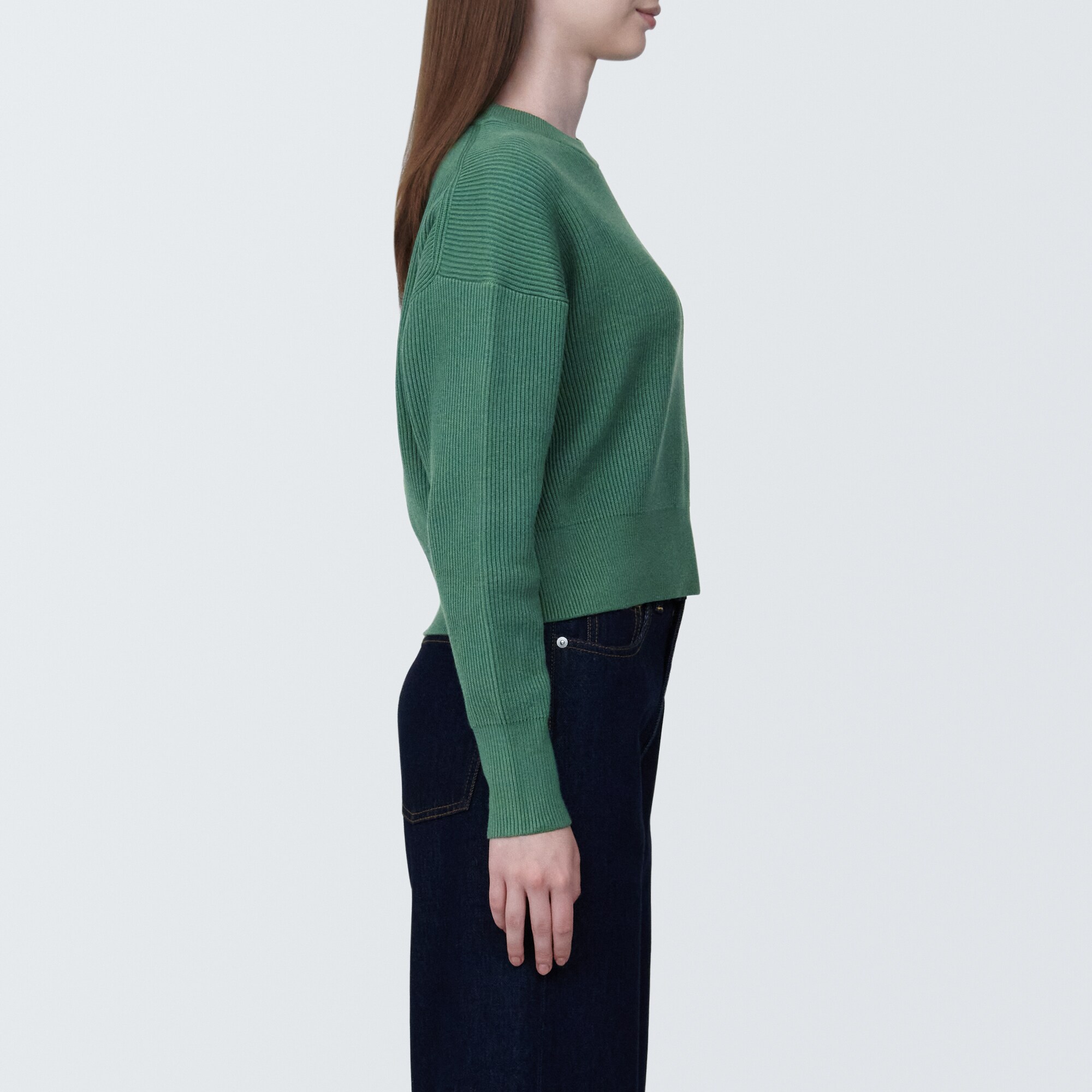 婦人　洗える畦編みショート丈クルーネックセーター