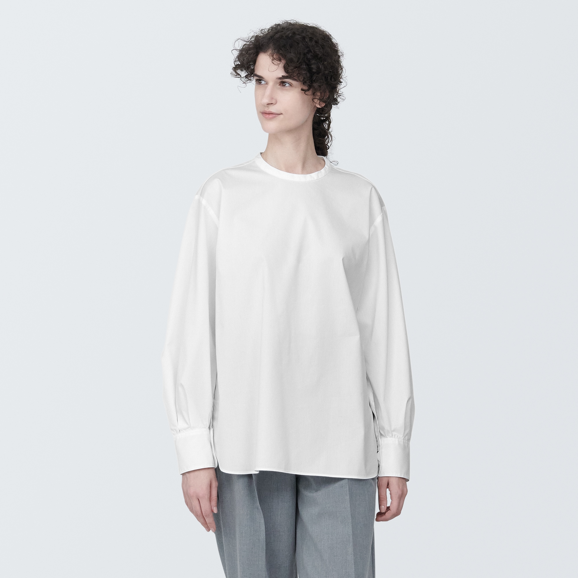 婦人　シワになりにくい　ブロードスタンドカラー長袖ブラウス