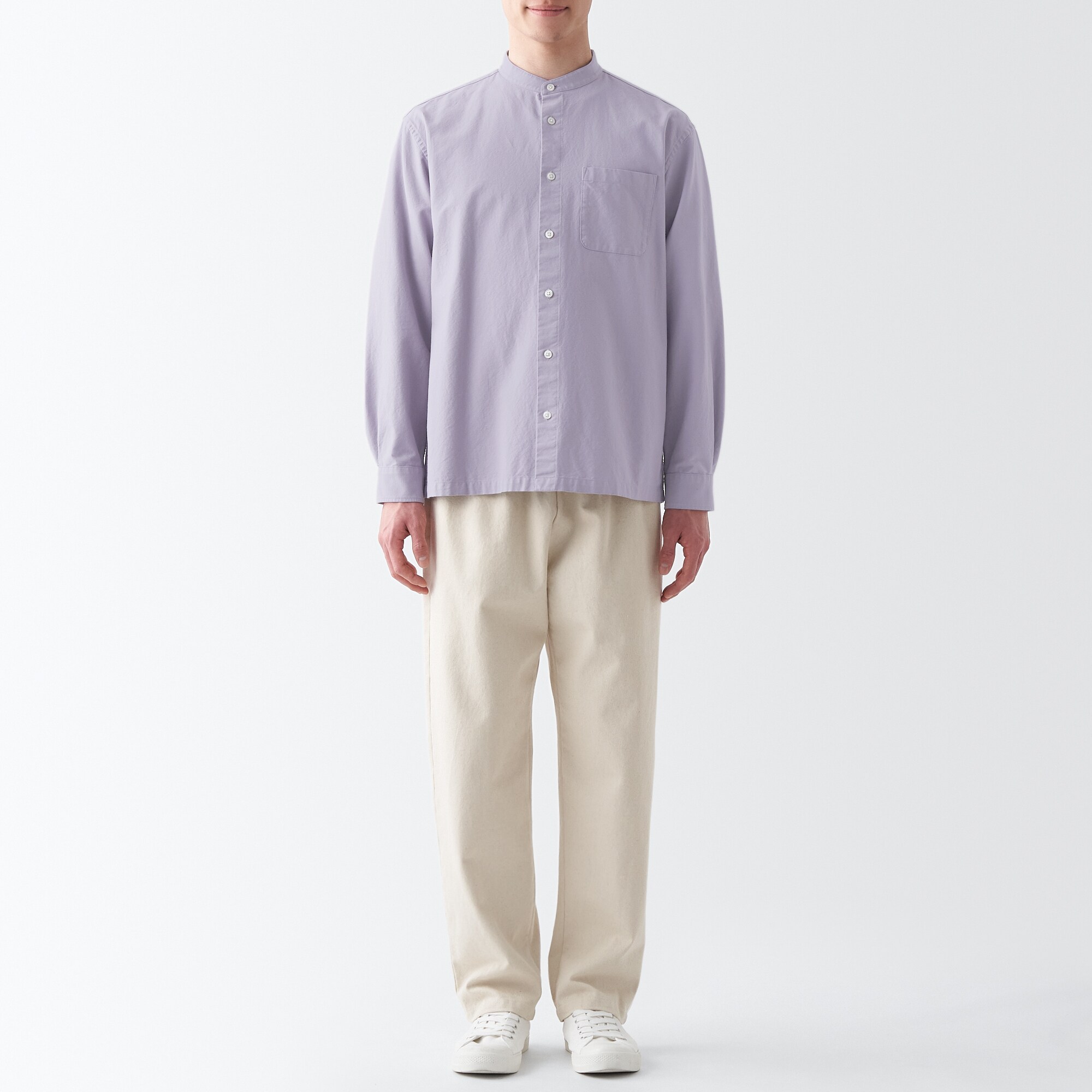 洗いざらしオックススタンドカラー長袖シャツ