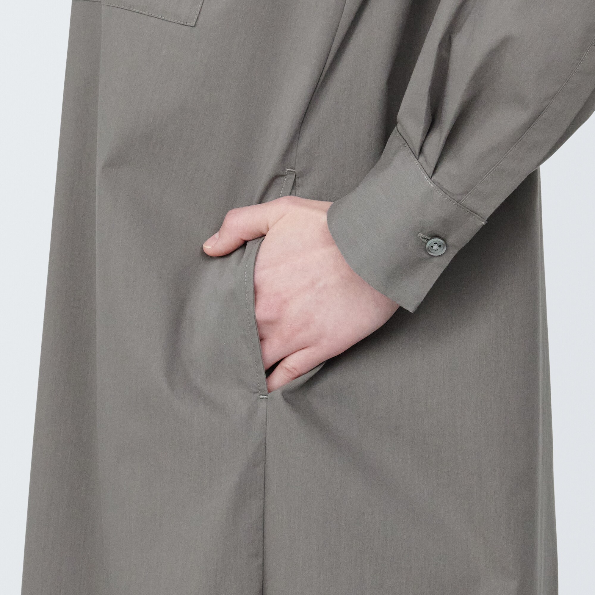 婦人　シワになりにくい　ブロードスタンドカラー長袖ワンピース