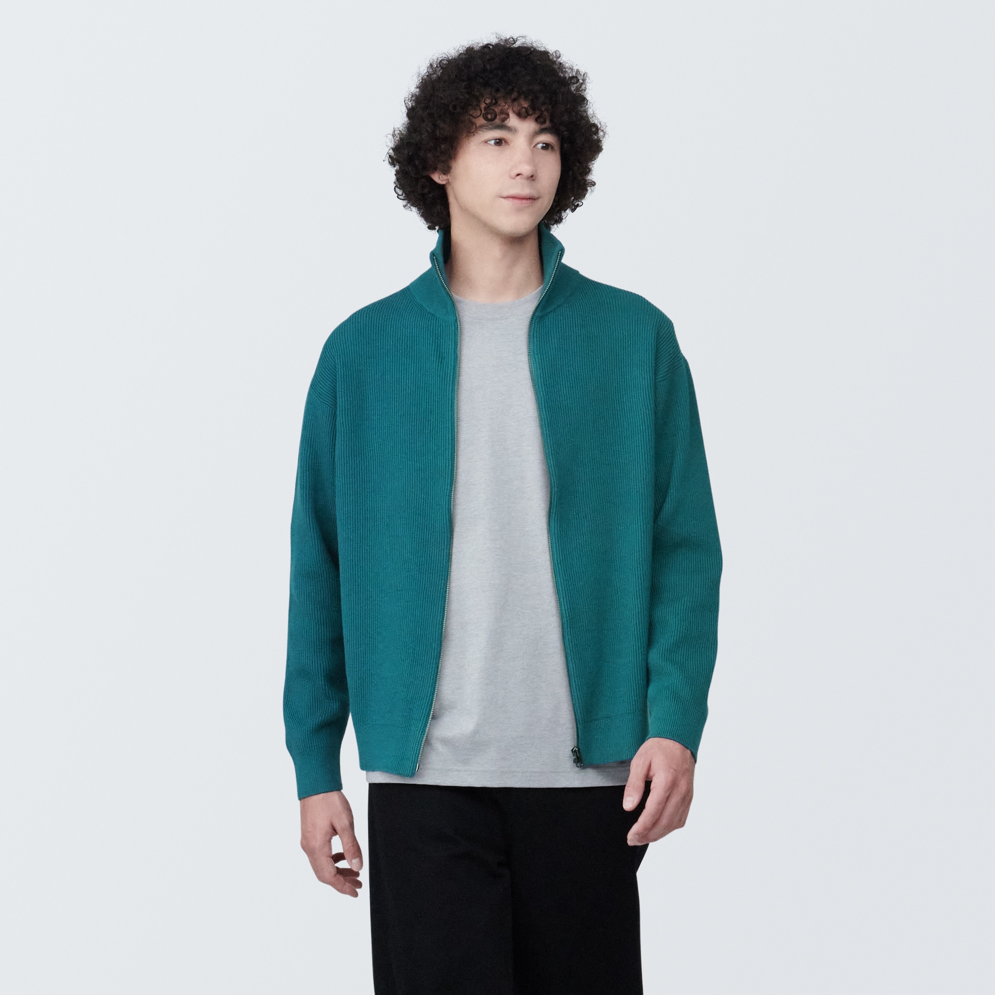 紳士　洗える畦編みフルジップカーディガン