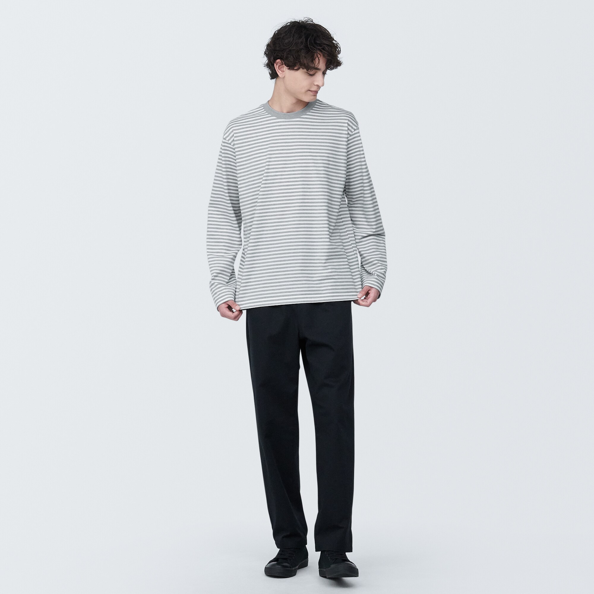 紳士　天竺編みクルーネック長袖Ｔシャツ（ボーダー）