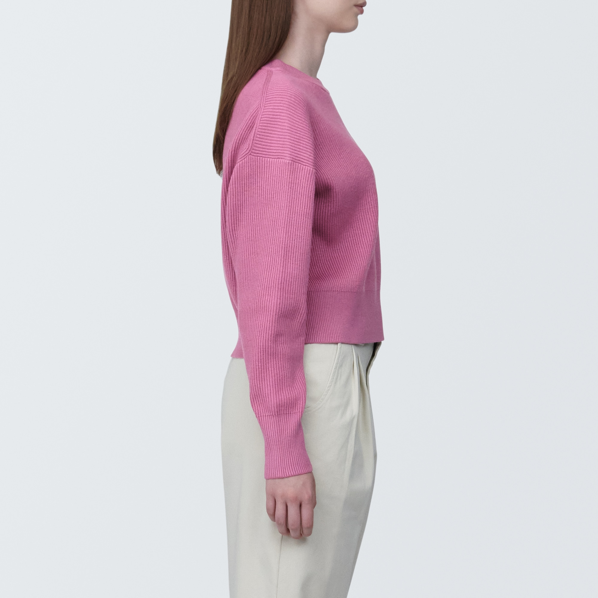 婦人　洗える畦編みショート丈クルーネックセーター