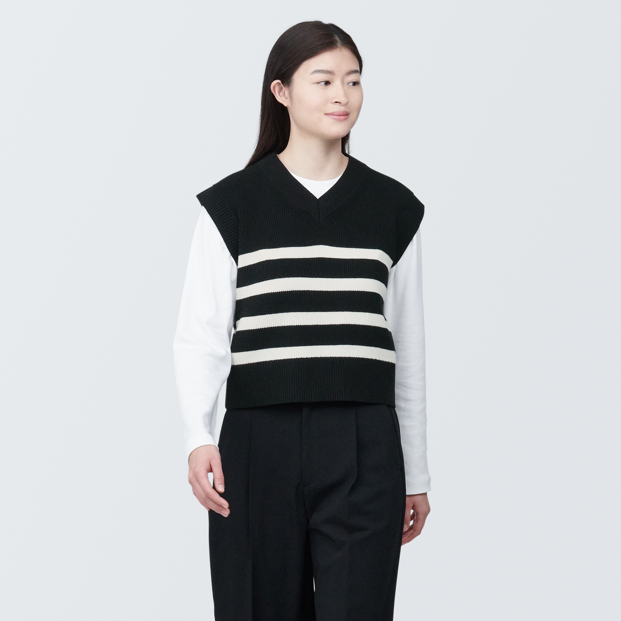 婦人　洗える畦編みショート丈Ｖネックベスト