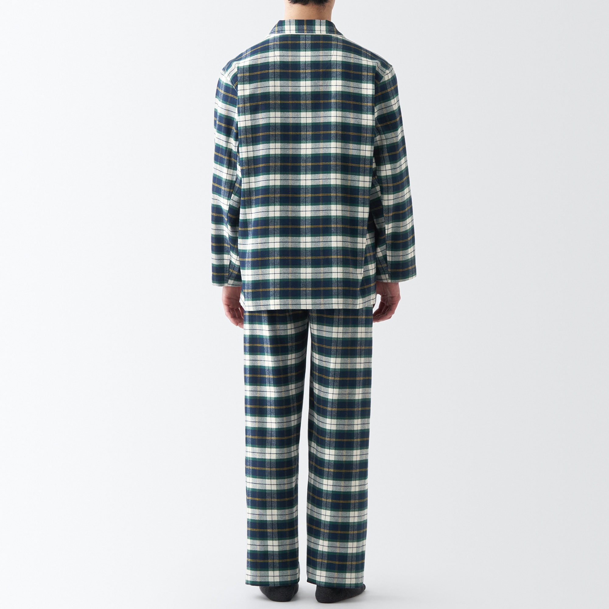 【両面起毛で温かい】脇に縫い目のない　フランネルパジャマ（新仕様：開襟・丸襟タイプ、お尻ポケットあり）