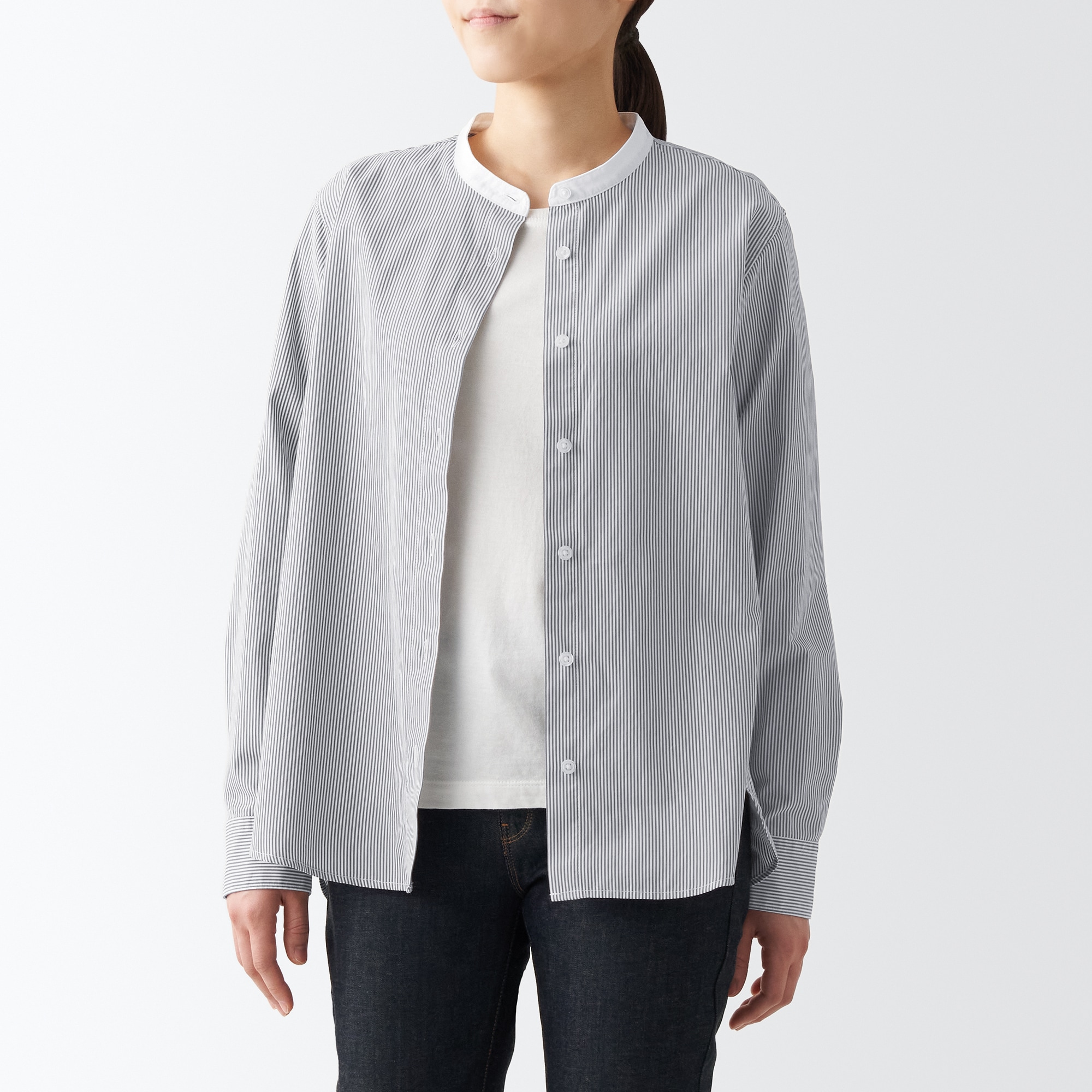 洗いざらしブロードスタンドカラー長袖シャツ