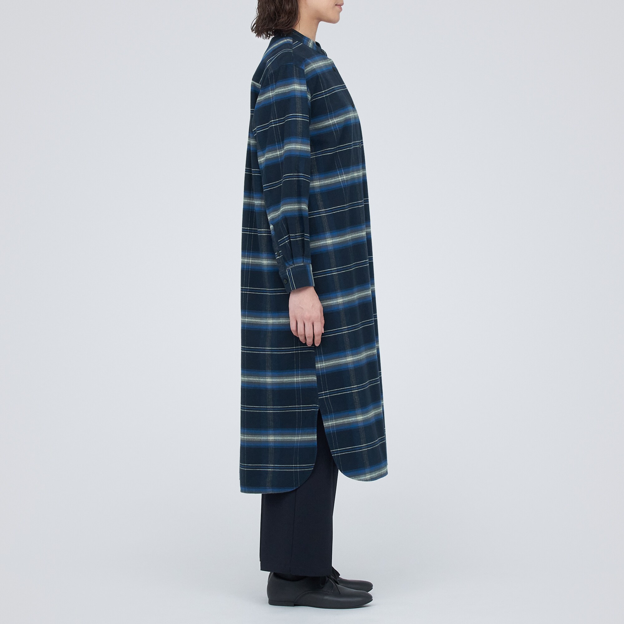 両面起毛フランネルスタンドカラーシャツワンピース