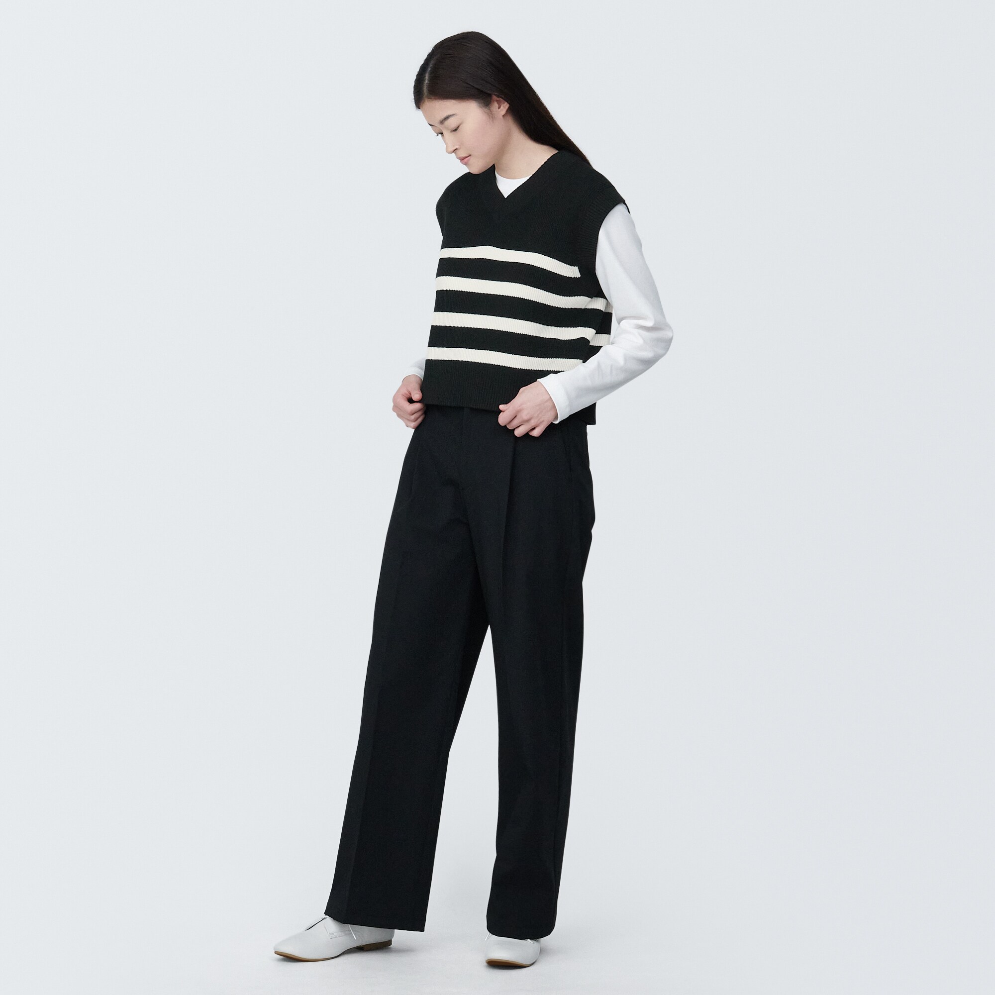 婦人　洗える畦編みショート丈Ｖネックベスト