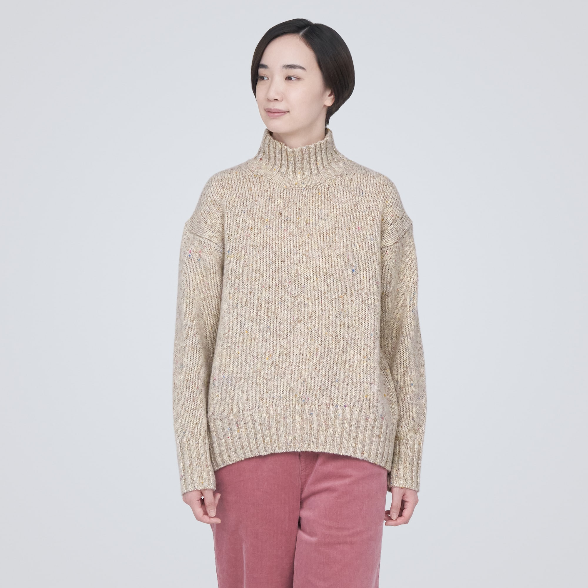 ウールヤク混ネップ糸ハイネックセーター