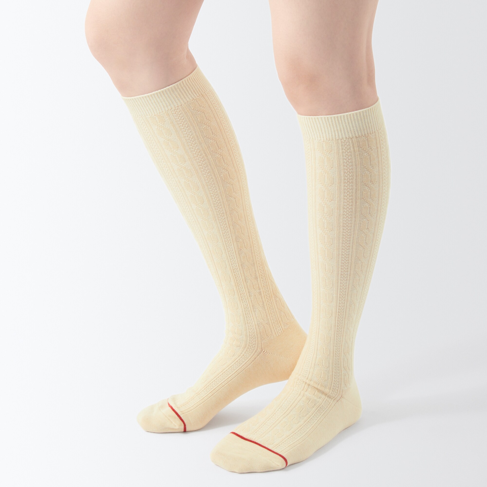 足なり直角　履き口やわらか　あったか綿　柄編みハイソックス（ウール入り／婦人）