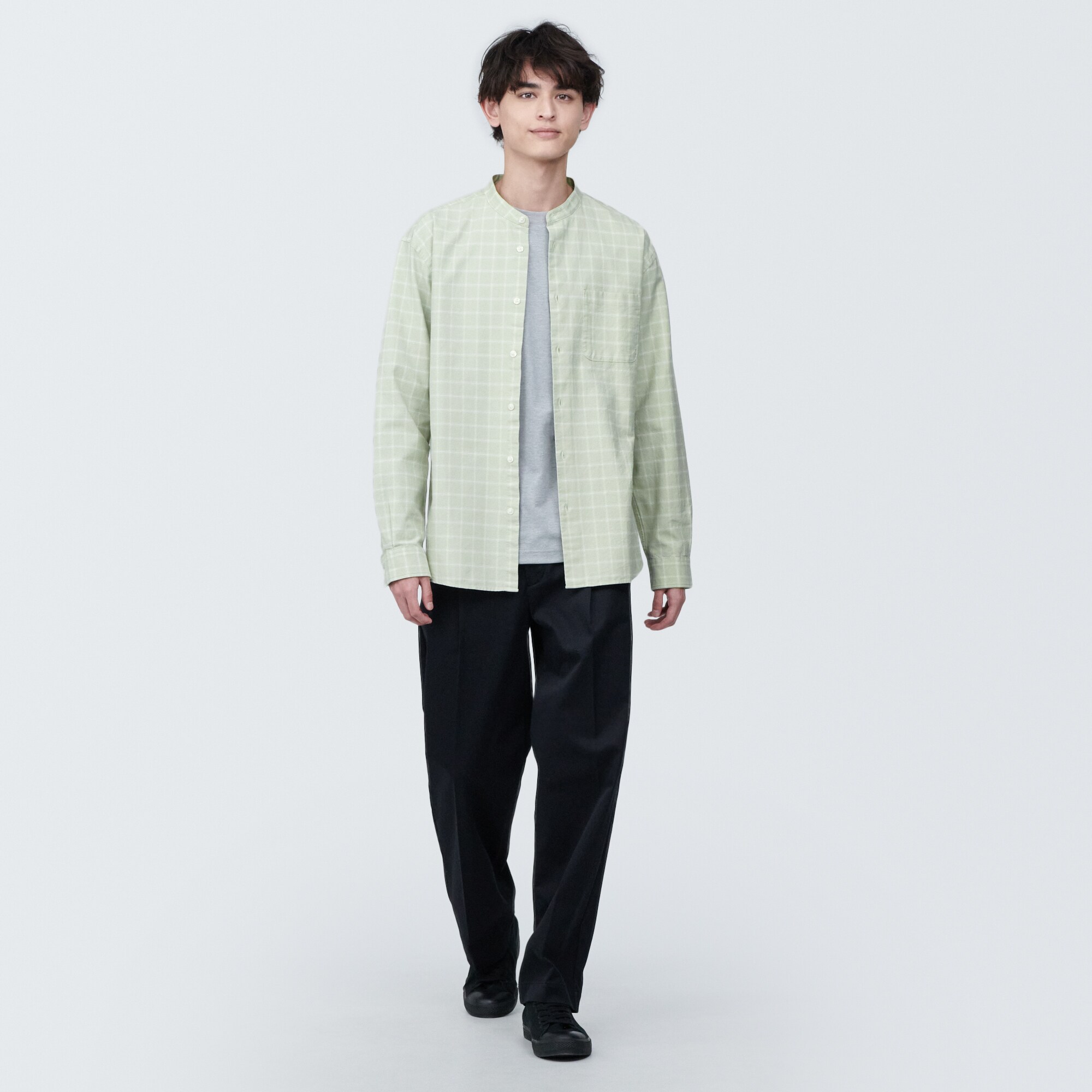 紳士　洗いざらしオックススタンドカラー長袖シャツ