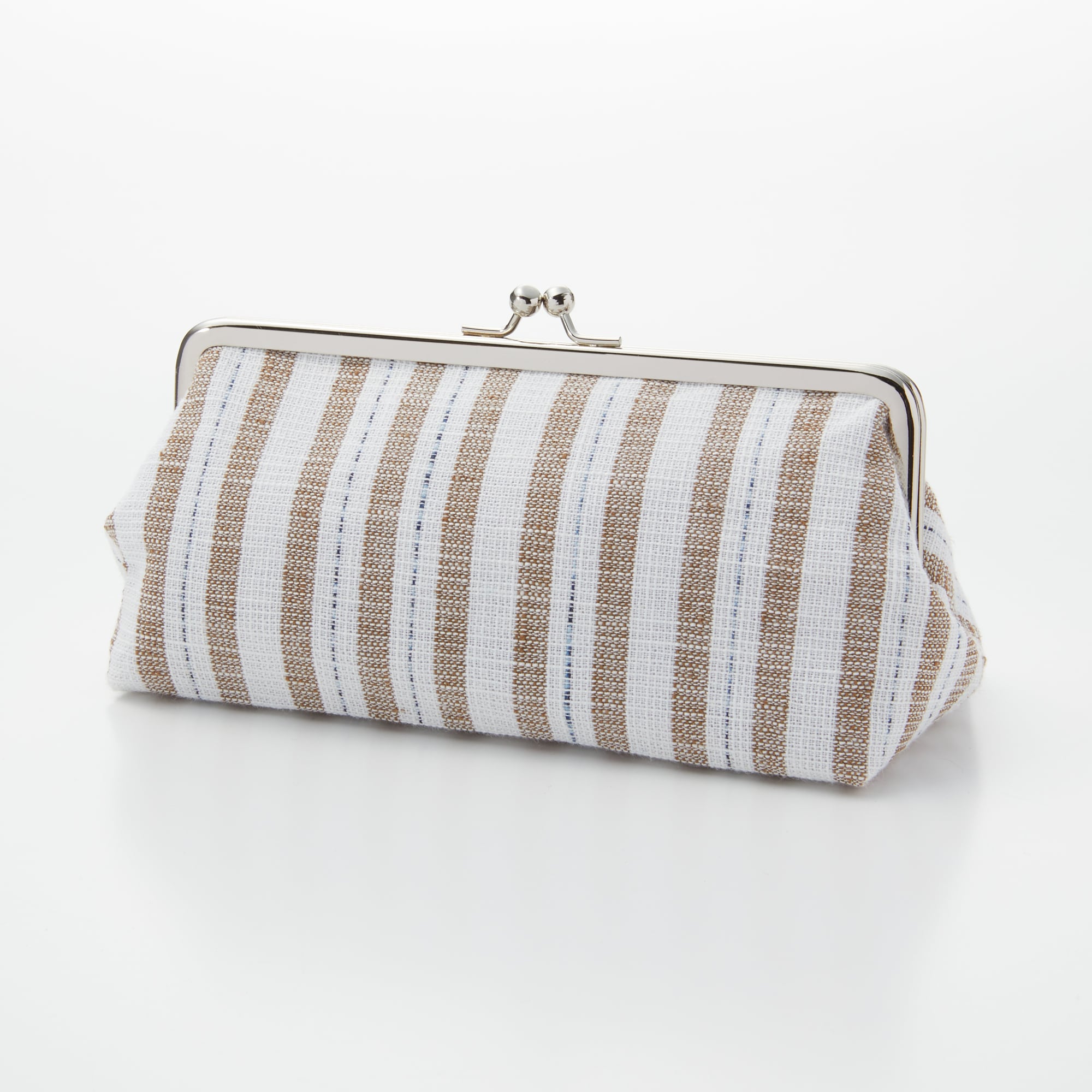 久留米絣　がま口ポーチ　白・ベージュストライプ