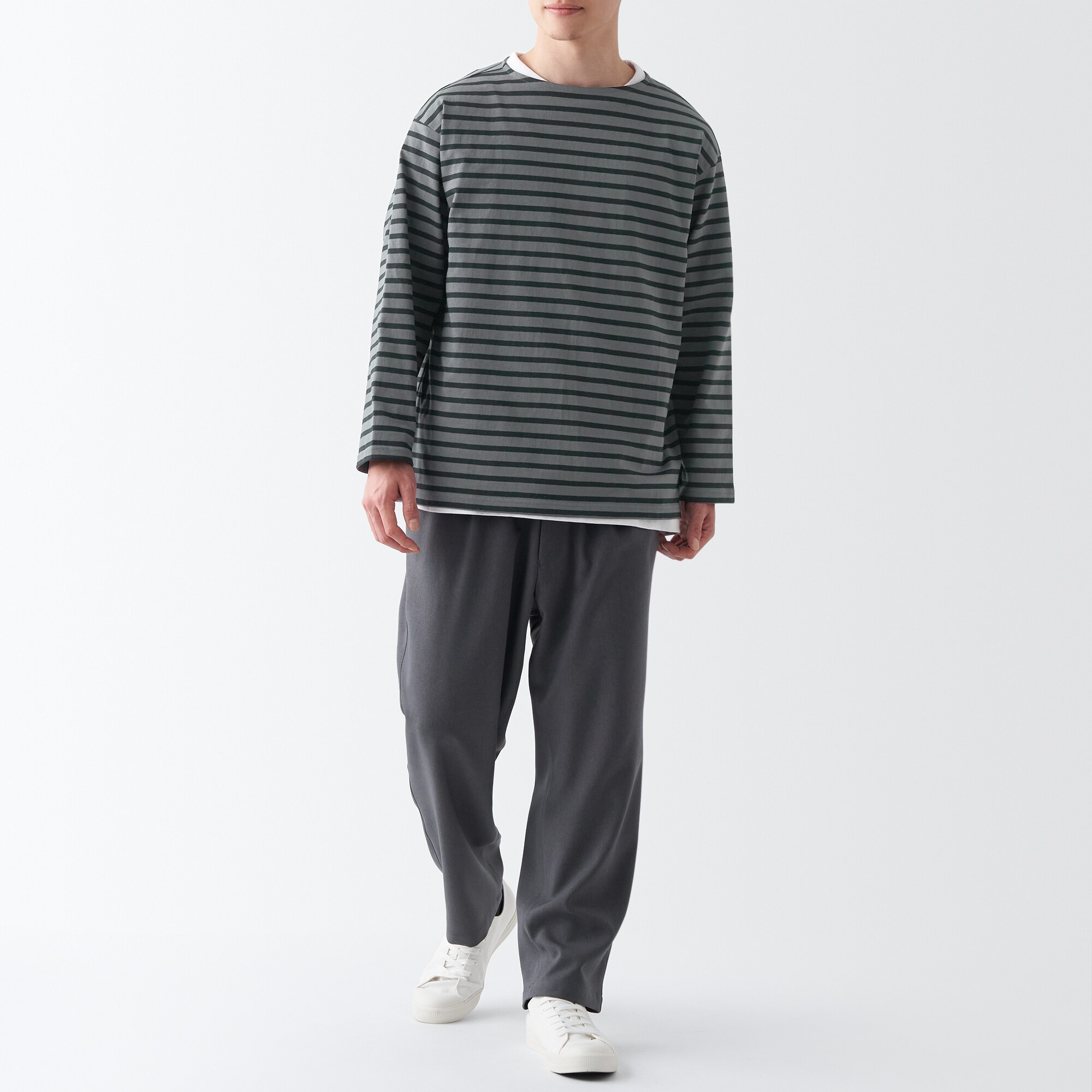 洗いざらし太番手ボートネック九分袖Ｔシャツ