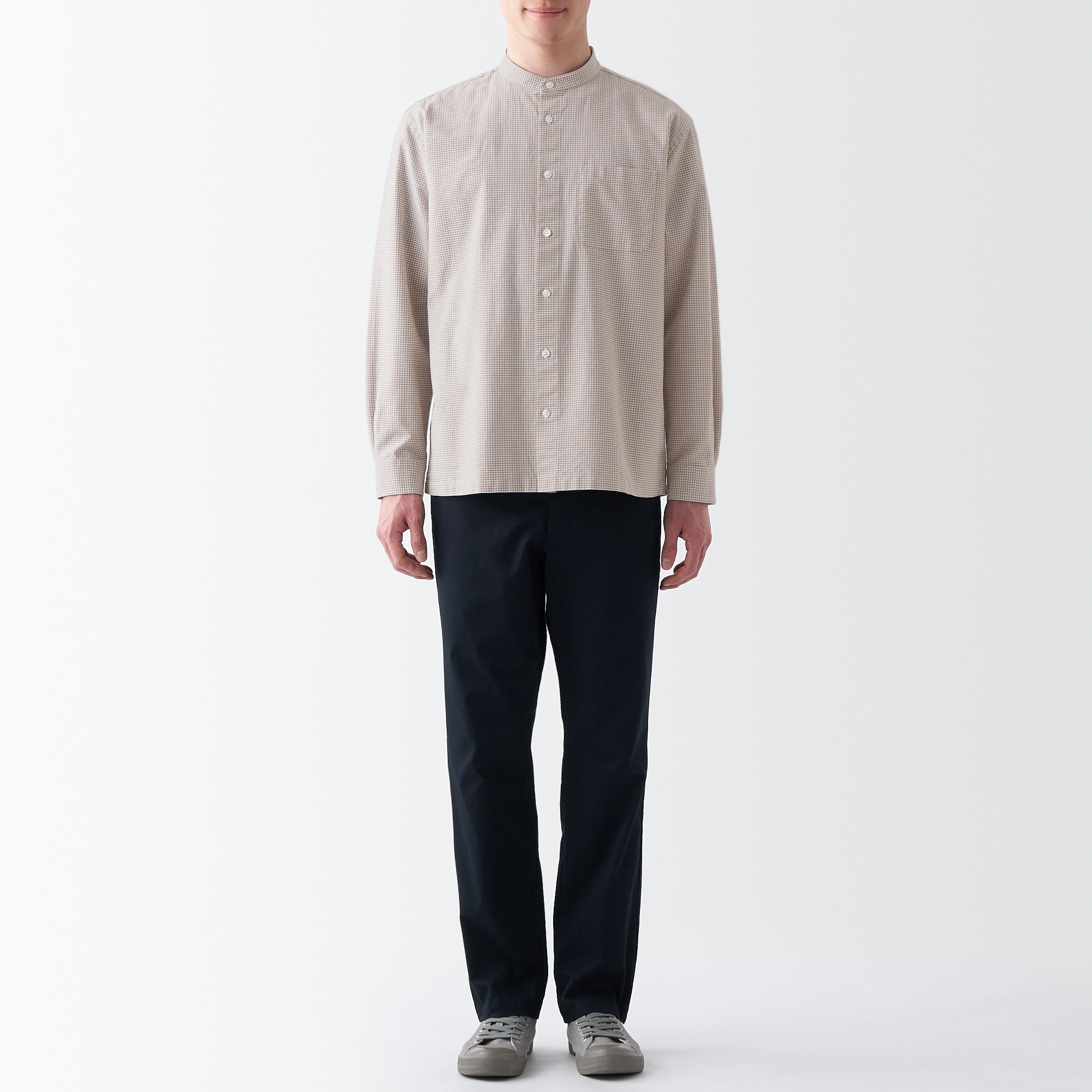 洗いざらしオックススタンドカラー長袖シャツ