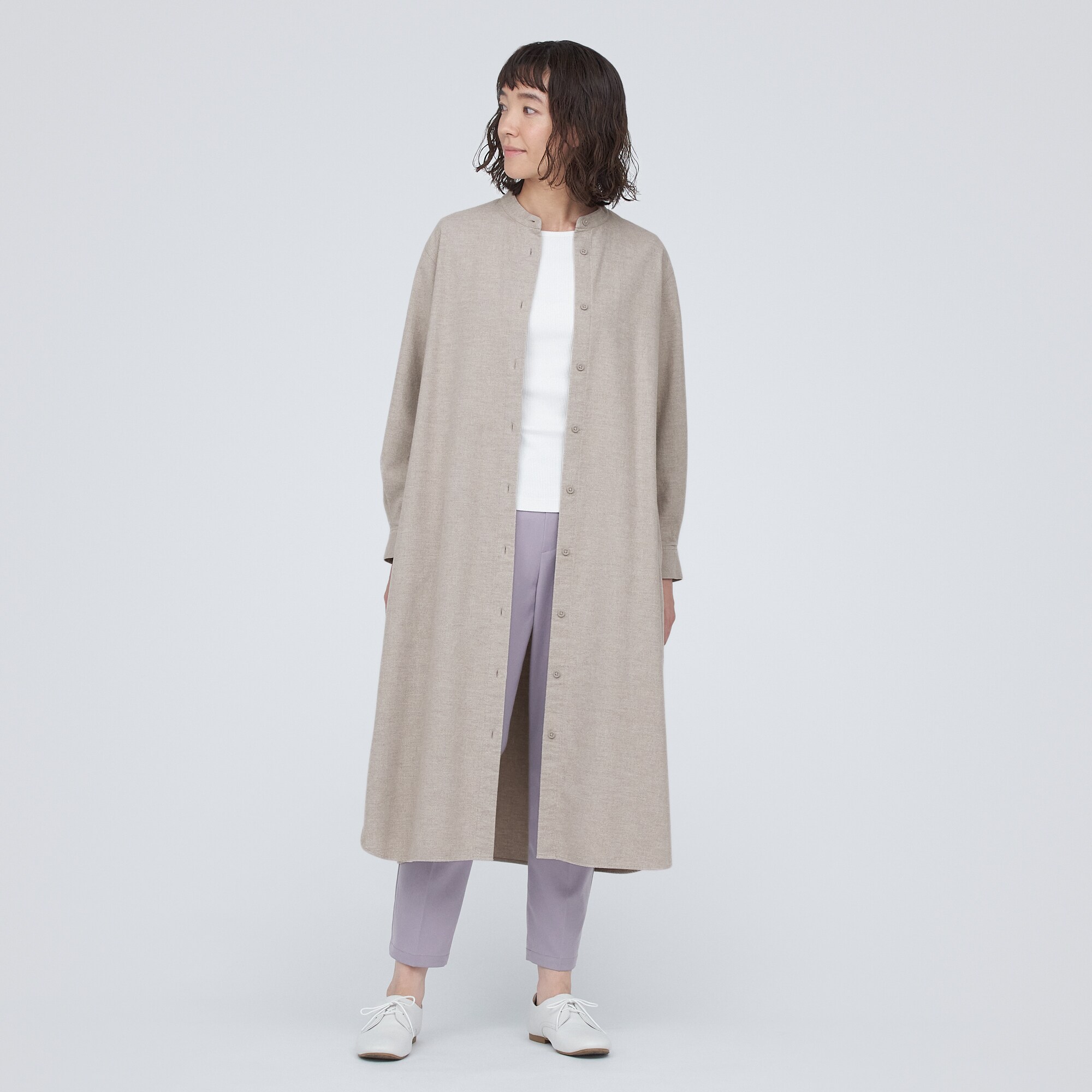 両面起毛フランネルスタンドカラーシャツワンピース