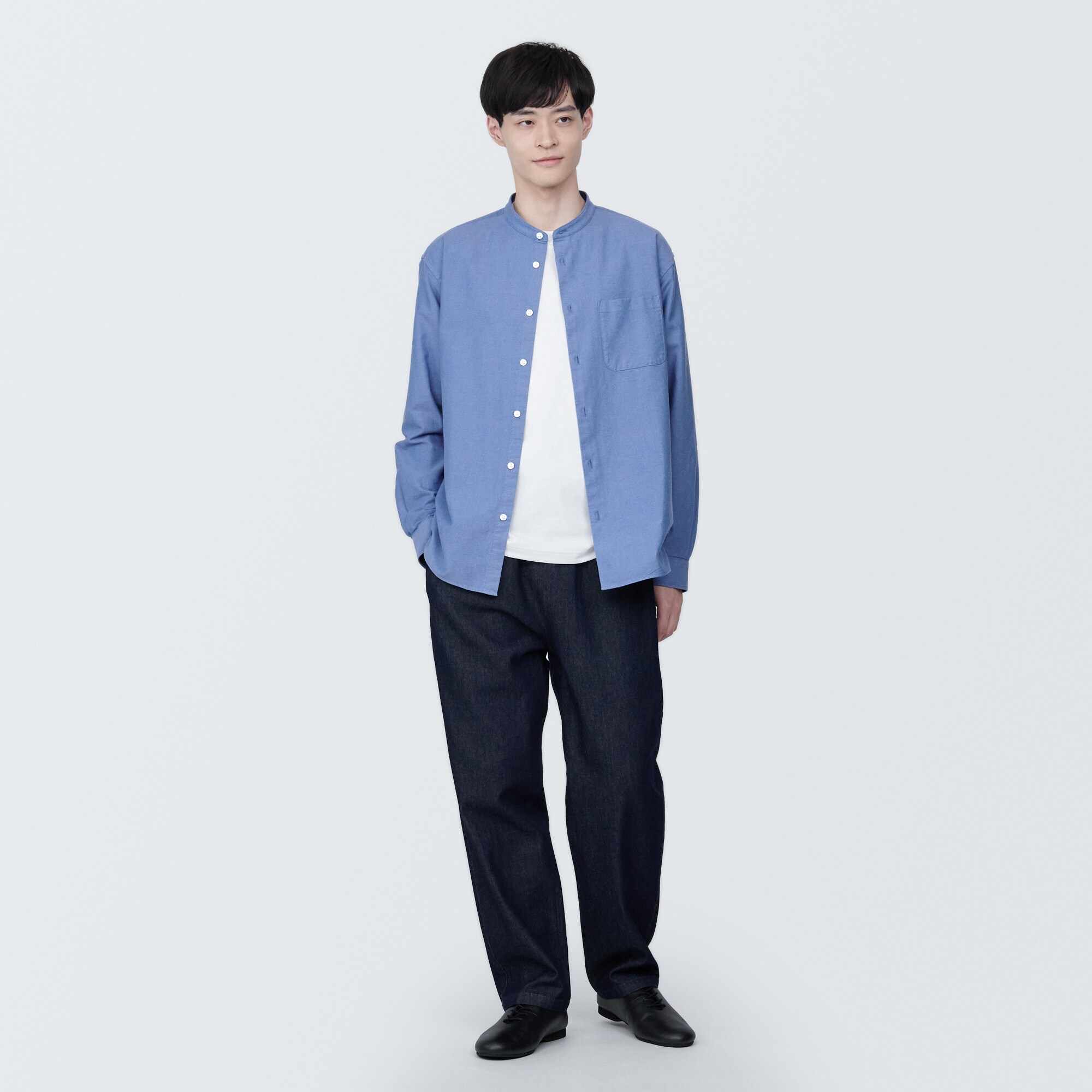紳士　洗いざらしオックススタンドカラー長袖シャツ
