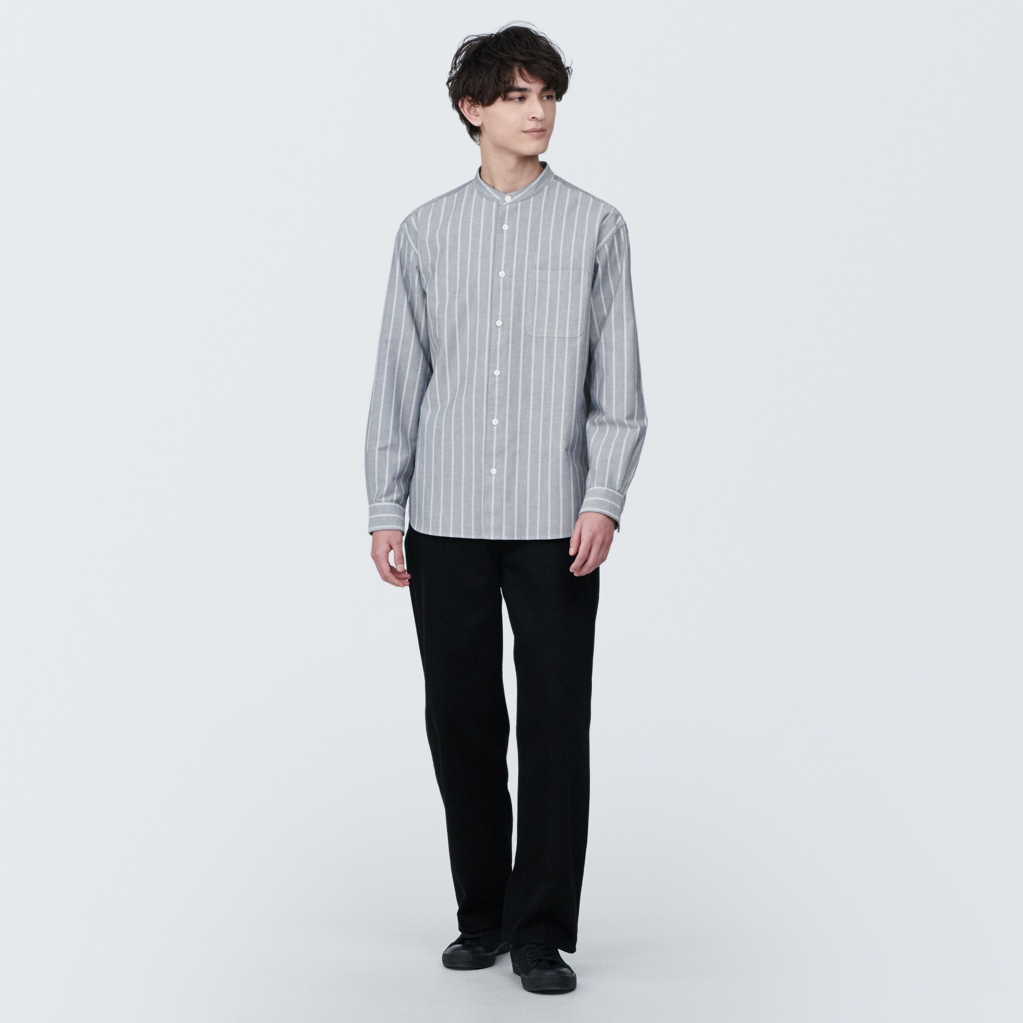 紳士　洗いざらしオックススタンドカラー長袖シャツ