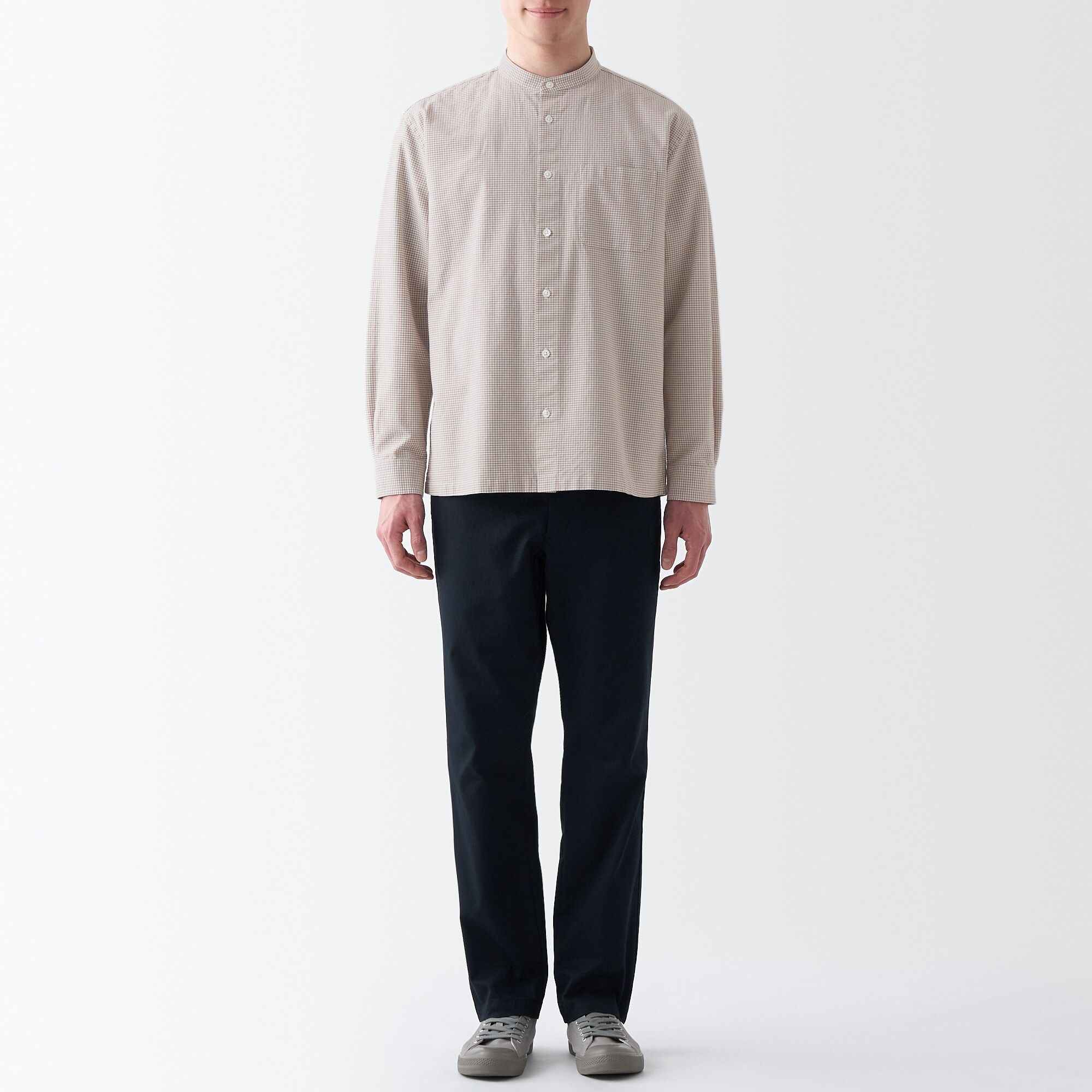 洗いざらしオックススタンドカラー長袖シャツ