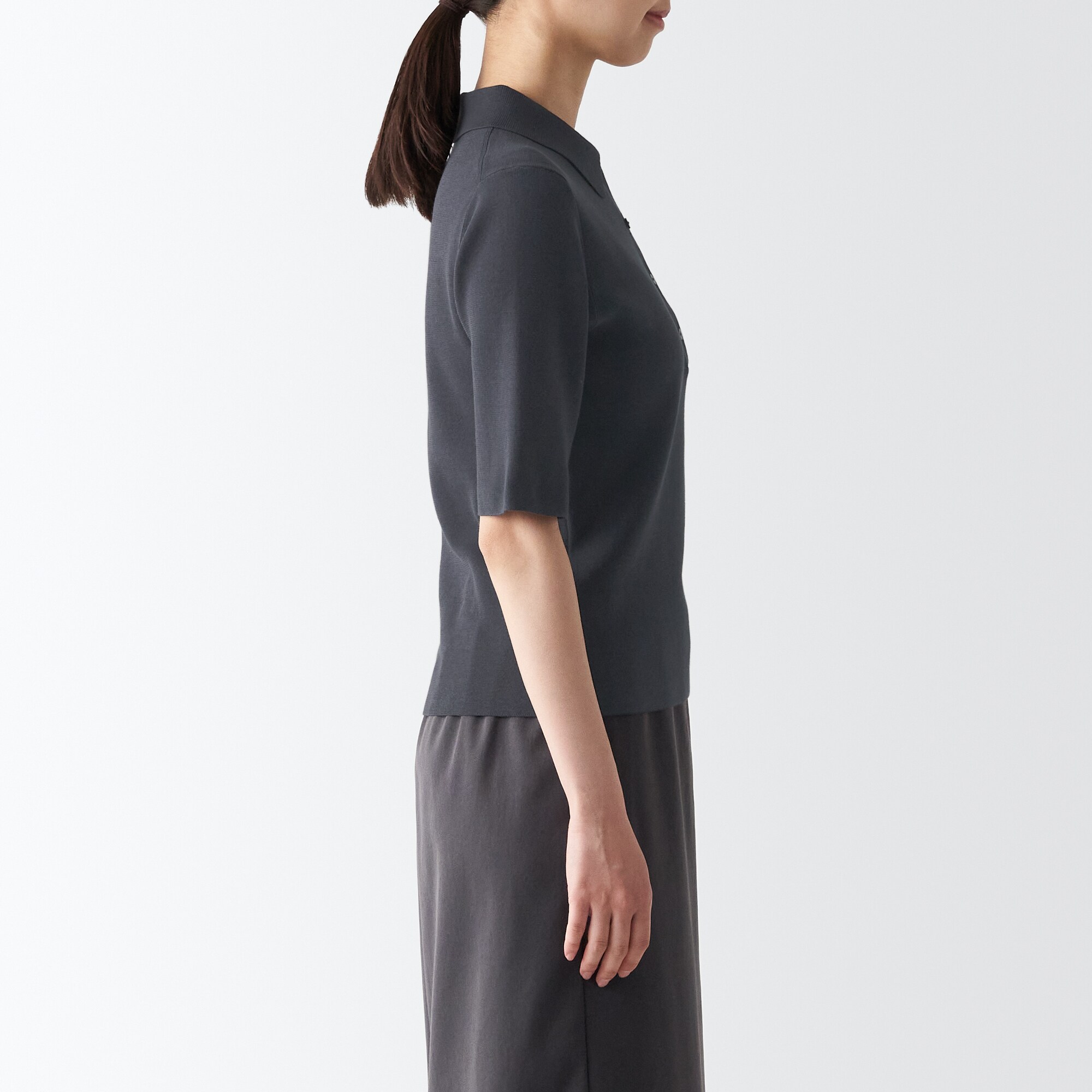 ＵＶカットリブ編み五分袖ポロセーター