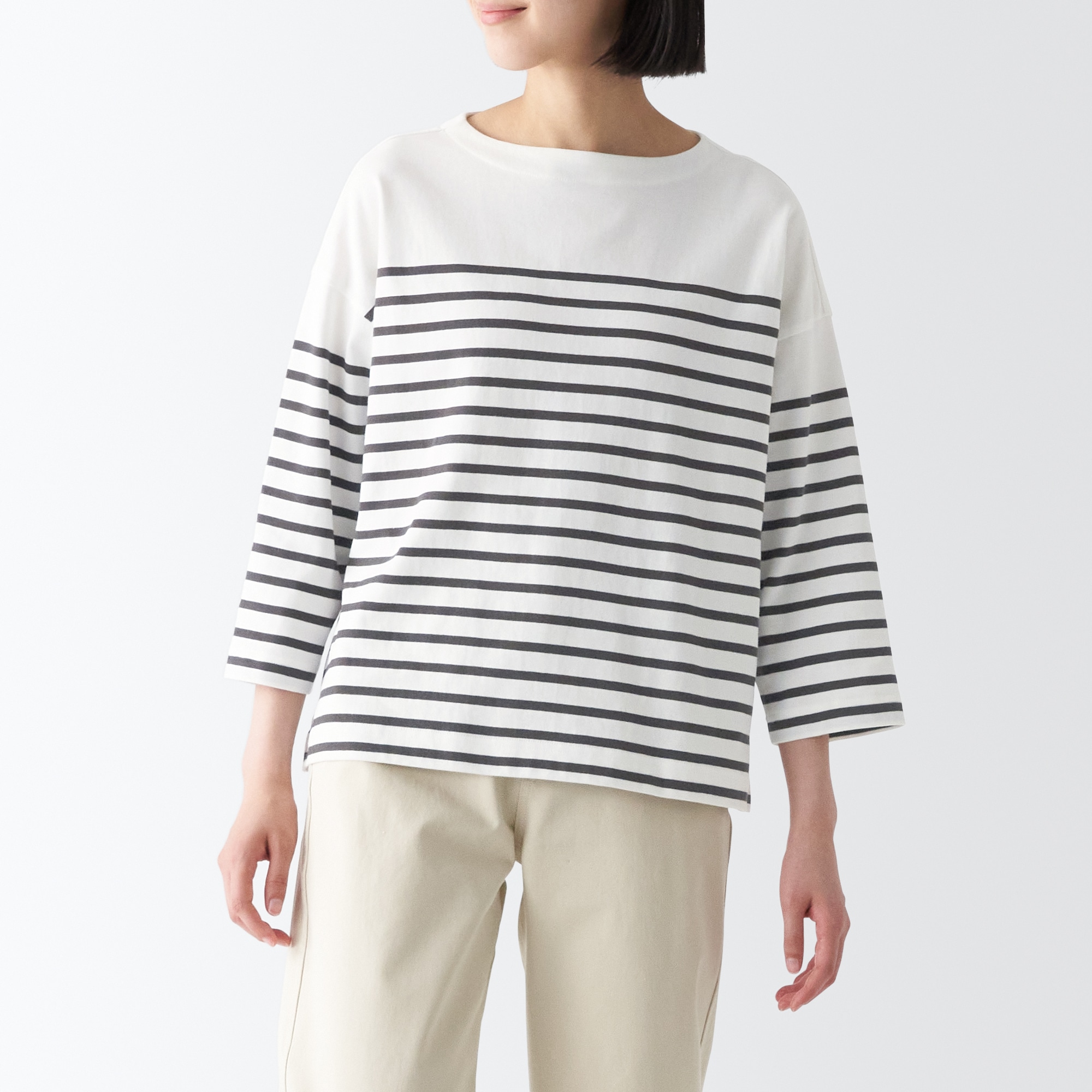 太番手ボートネック七分袖Ｔシャツ