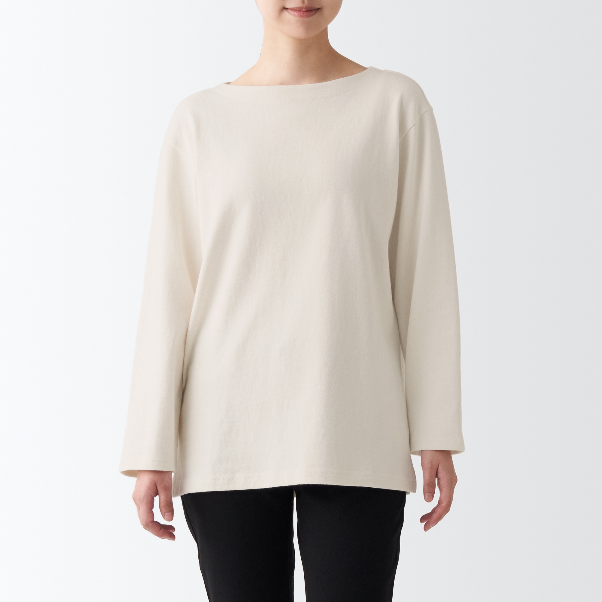 再生コットン混太番手ボートネック長袖Ｔシャツ