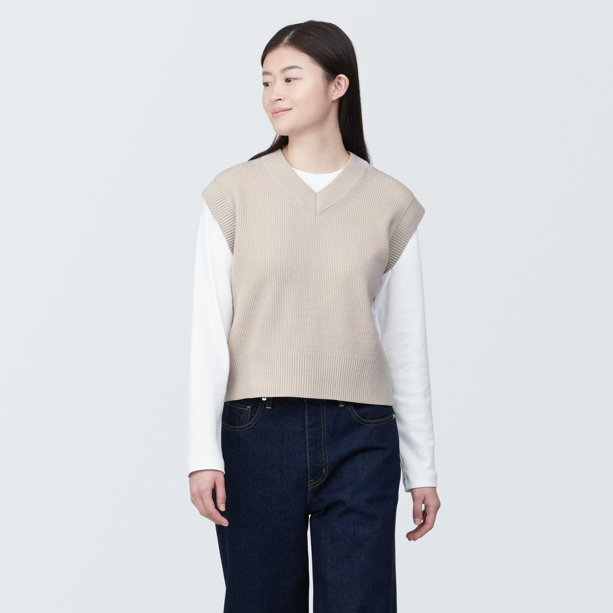 婦人　洗える畦編みショート丈Ｖネックベスト