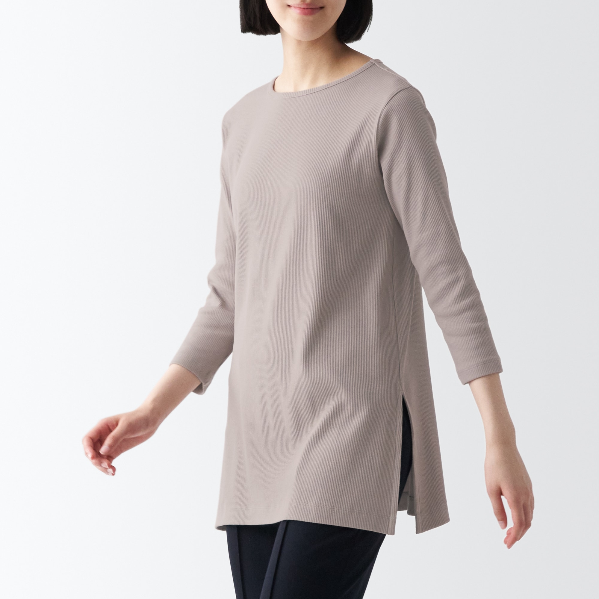 ストレッチリブ編み七分袖チュニック
