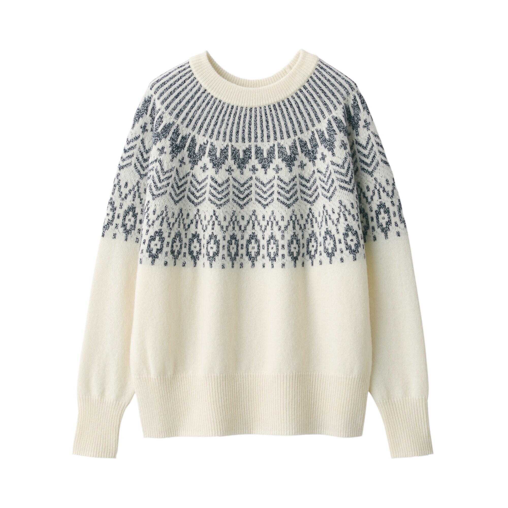 メリノウールジャカード編みクルーネックセーター