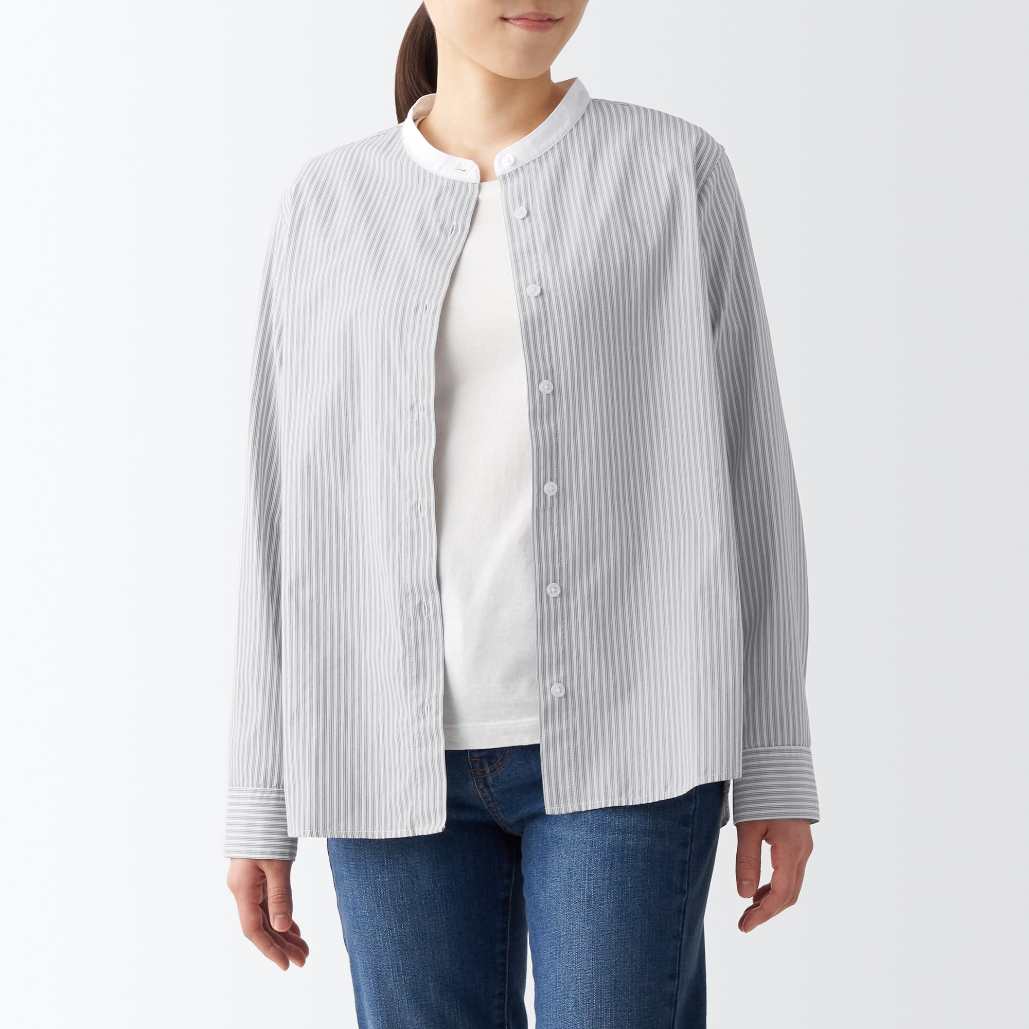 洗いざらしブロードスタンドカラー長袖シャツ