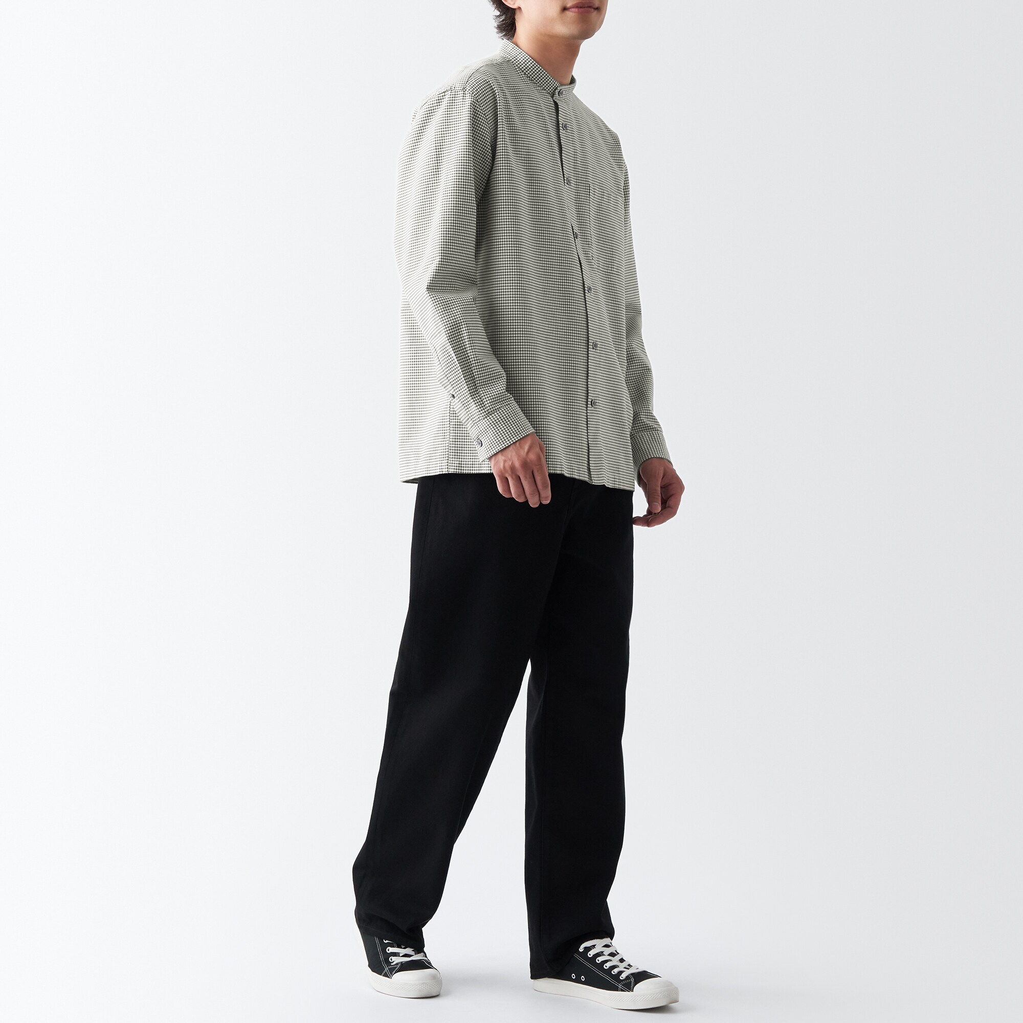 洗いざらしオックススタンドカラー長袖シャツ