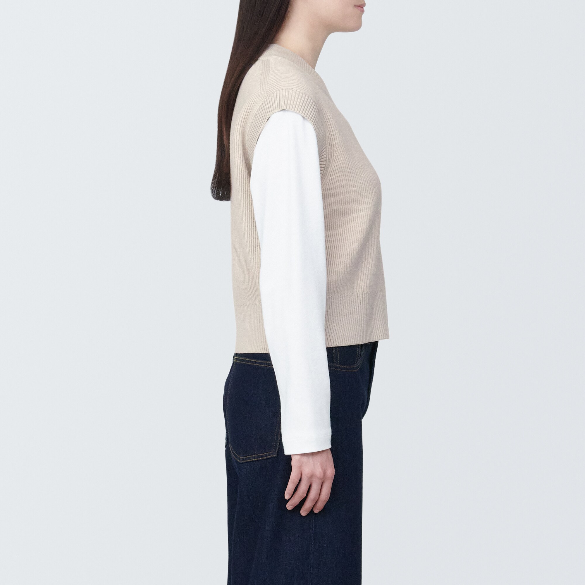 婦人　洗える畦編みショート丈Ｖネックベスト