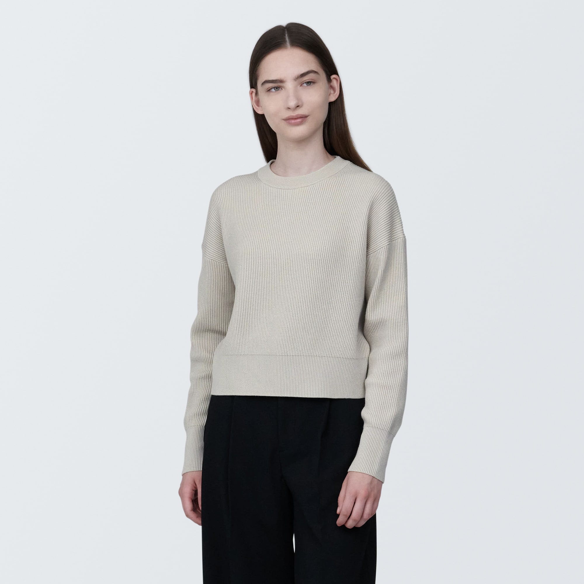 婦人　洗える畦編みショート丈クルーネックセーター