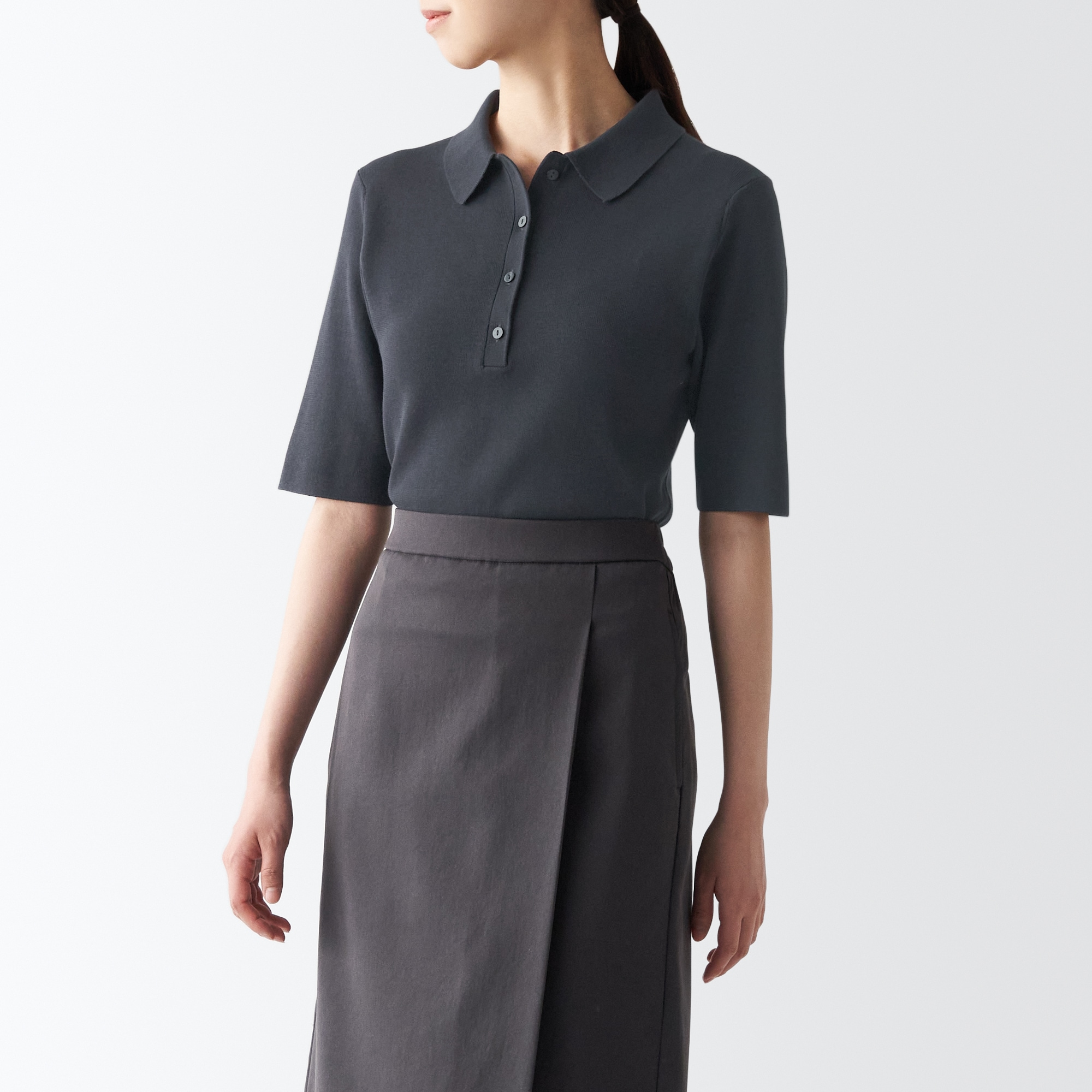 ＵＶカットリブ編み五分袖ポロセーター