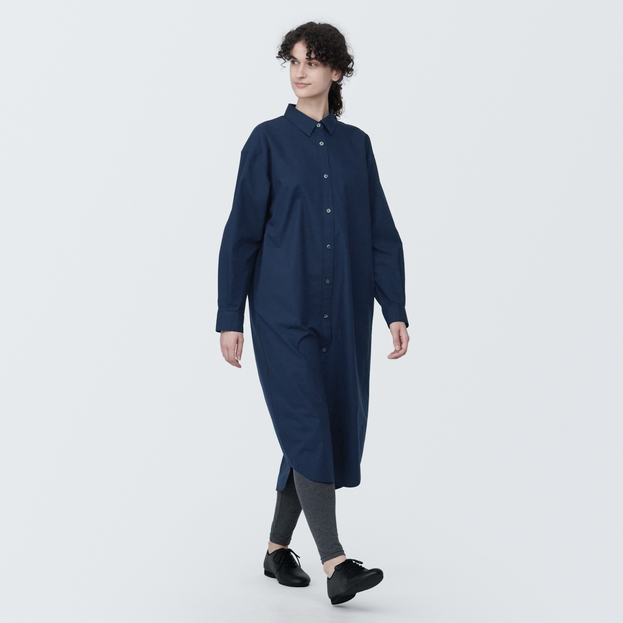 婦人　洗いざらし　ブロードレギュラーカラー長袖ワンピース