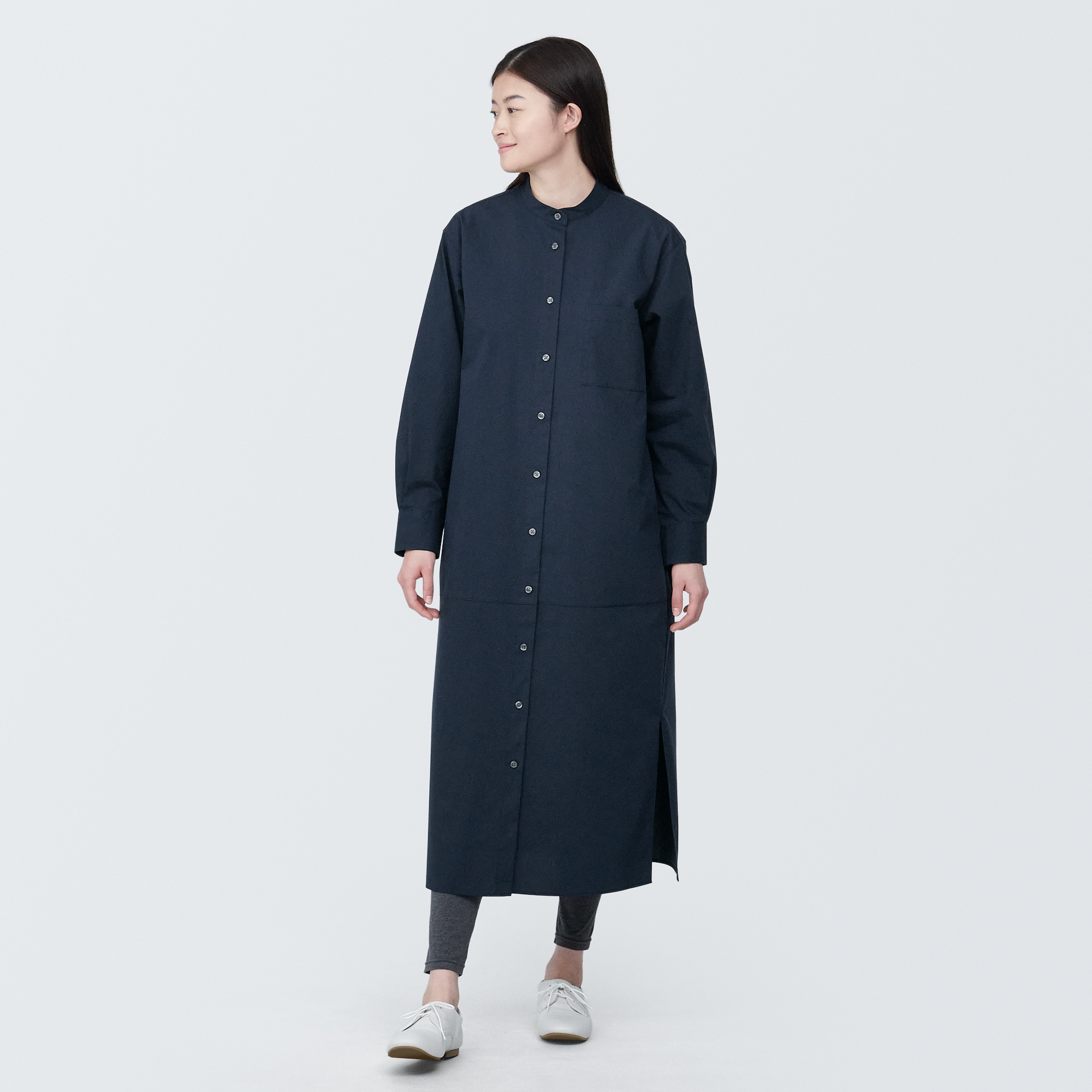 婦人　シワになりにくい　ブロードスタンドカラー長袖ワンピース