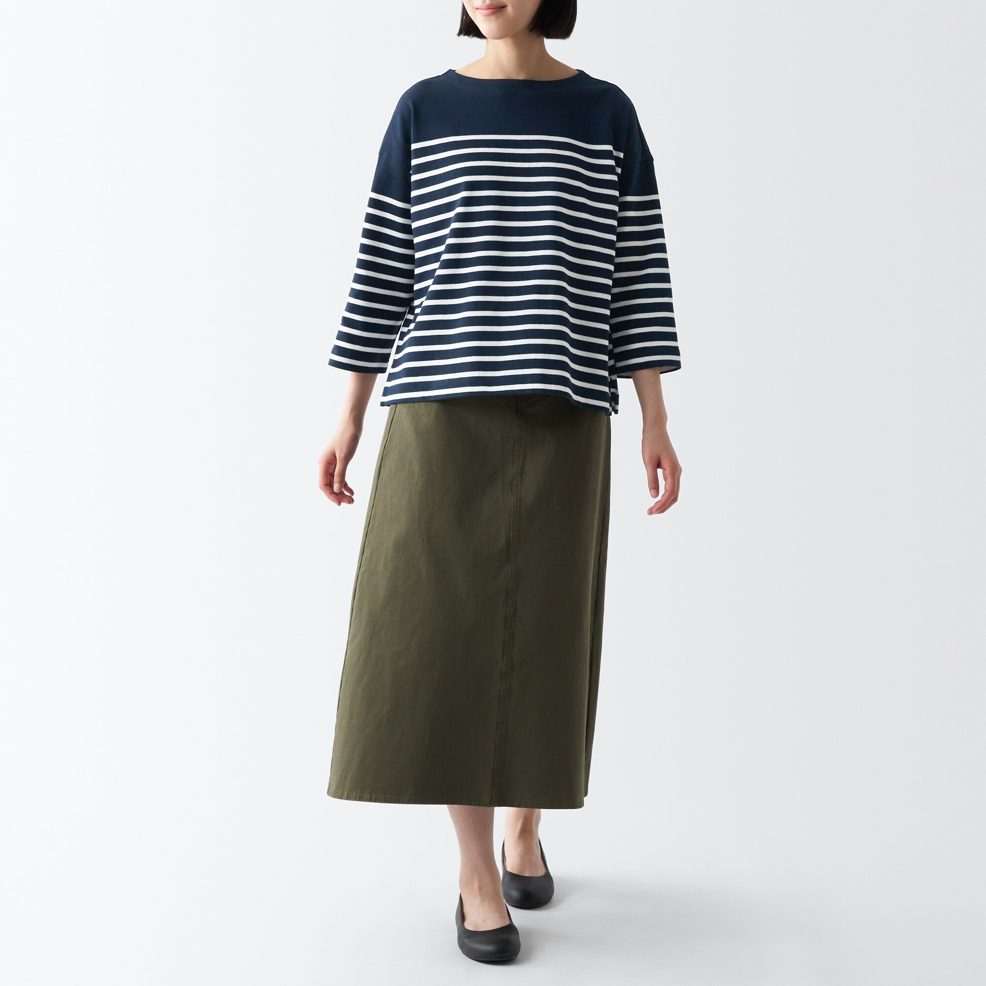 太番手ボートネック七分袖Ｔシャツ