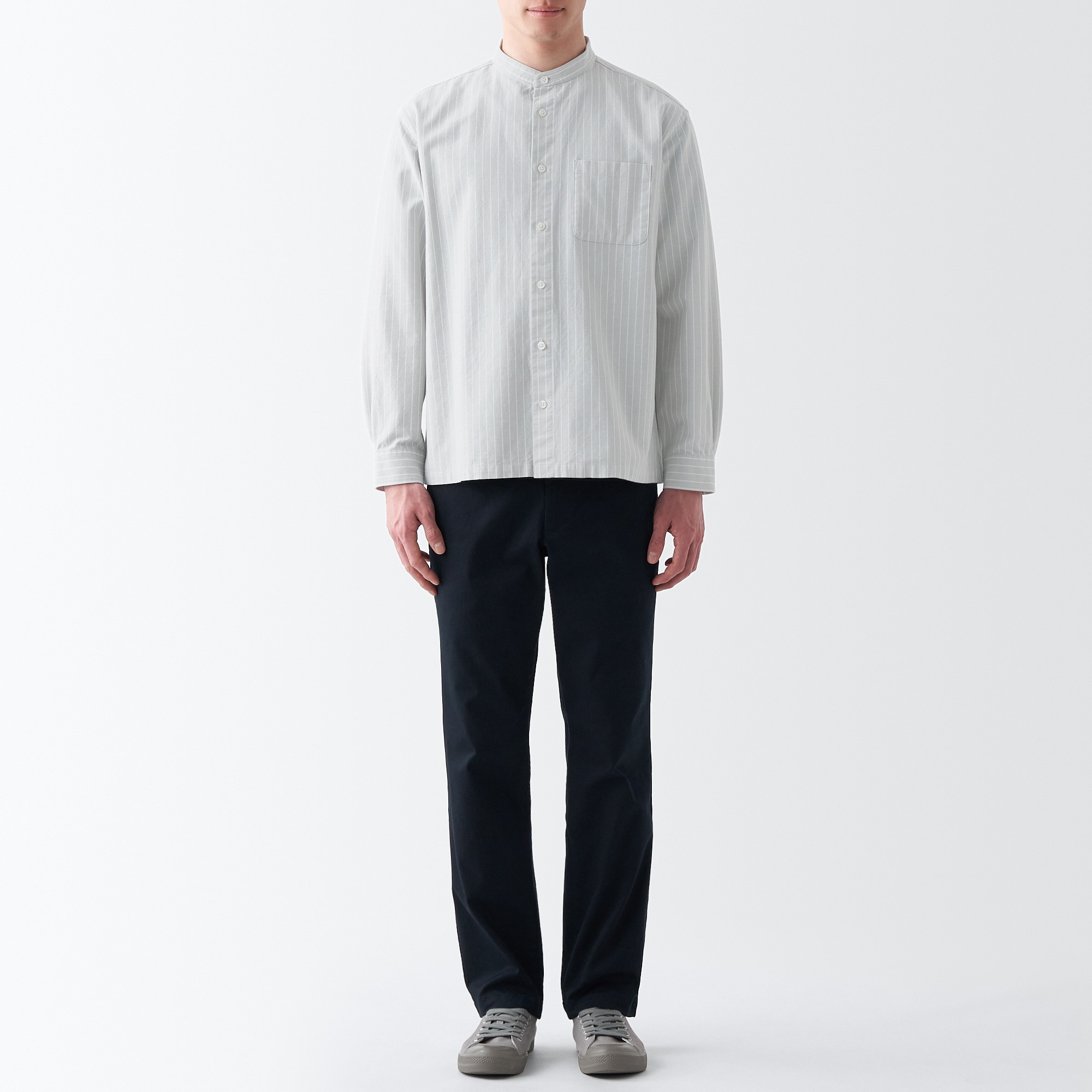 洗いざらしオックススタンドカラー長袖シャツ