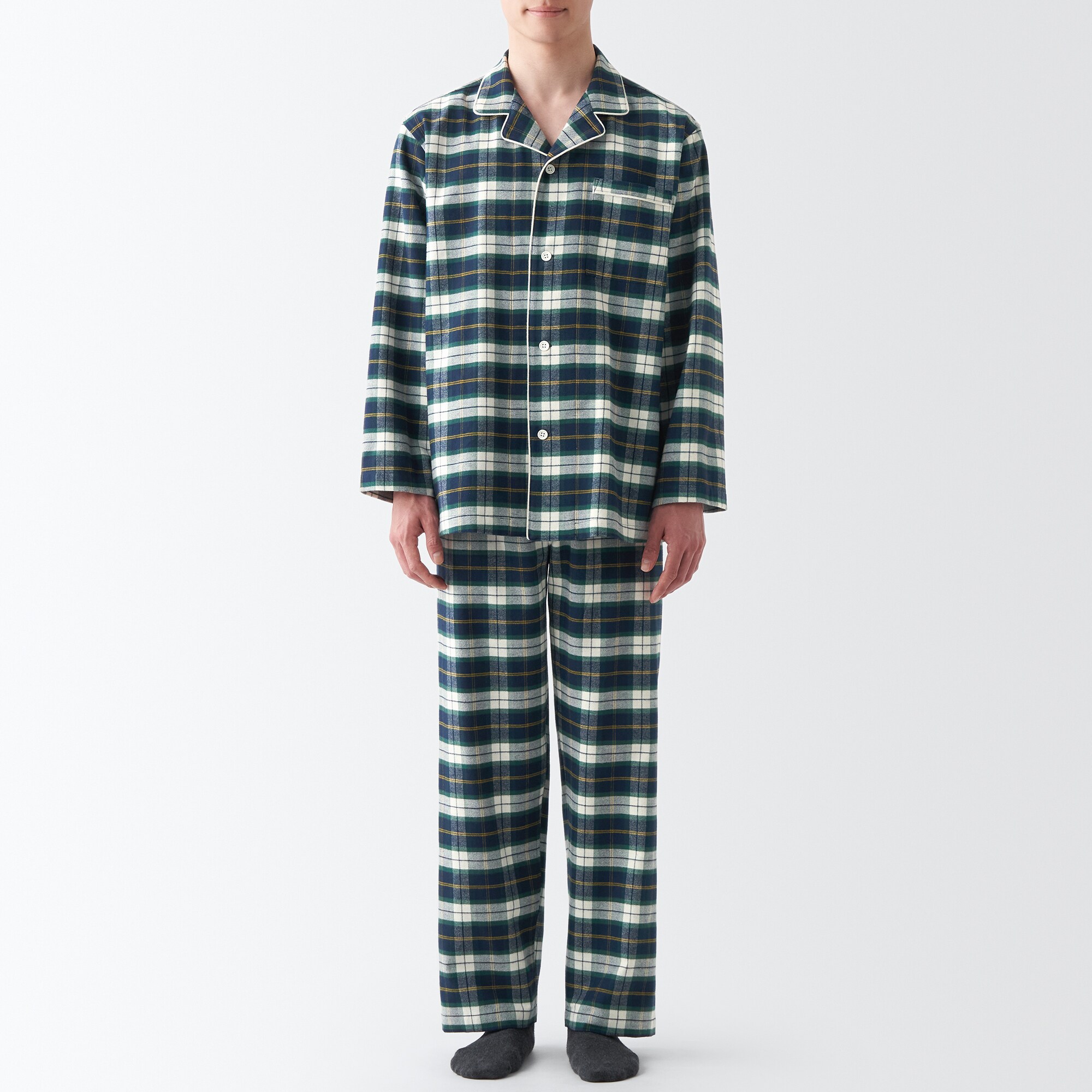 【両面起毛で温かい】脇に縫い目のない　フランネルパジャマ（新仕様：開襟・丸襟タイプ、お尻ポケットあり）