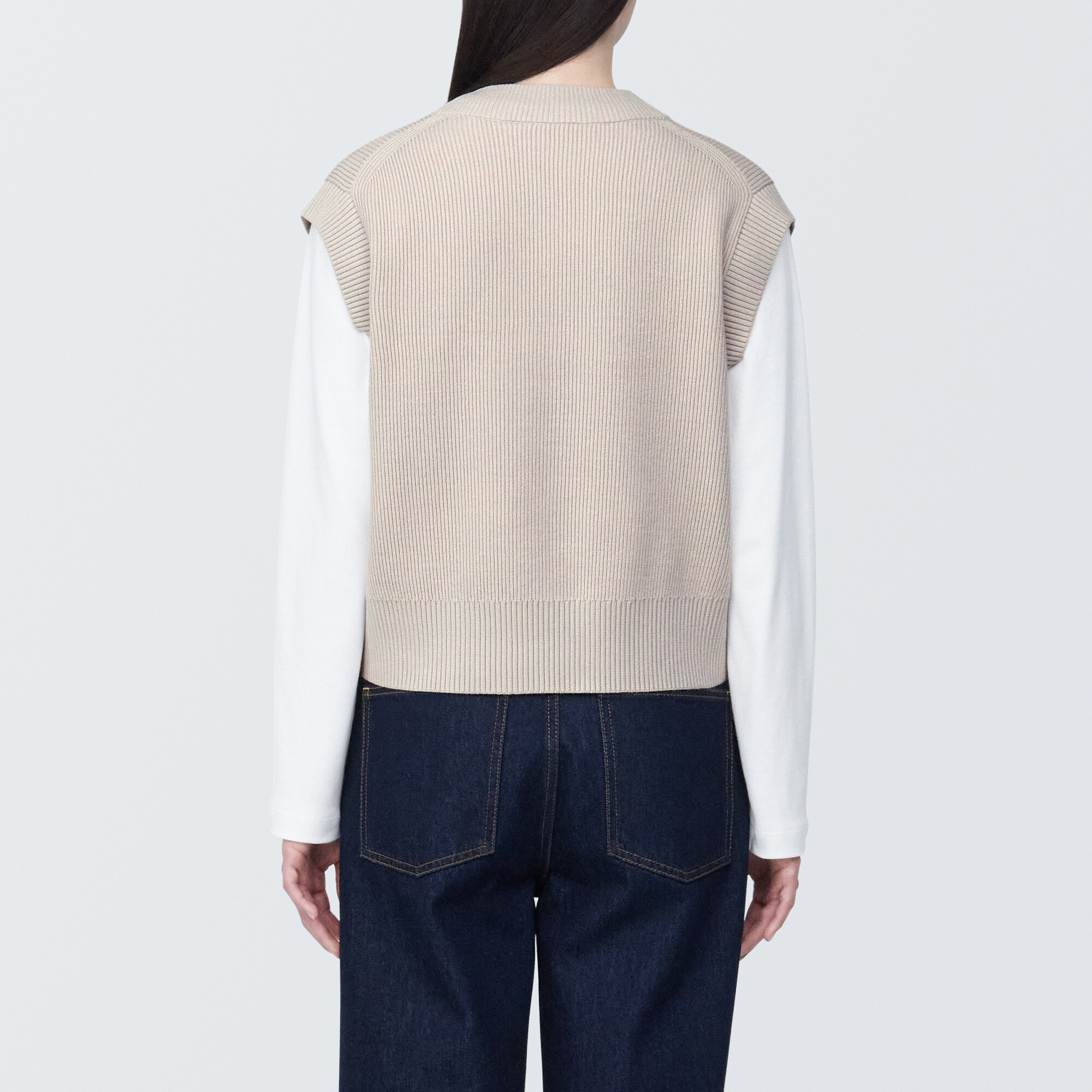 婦人　洗える畦編みショート丈Ｖネックベスト