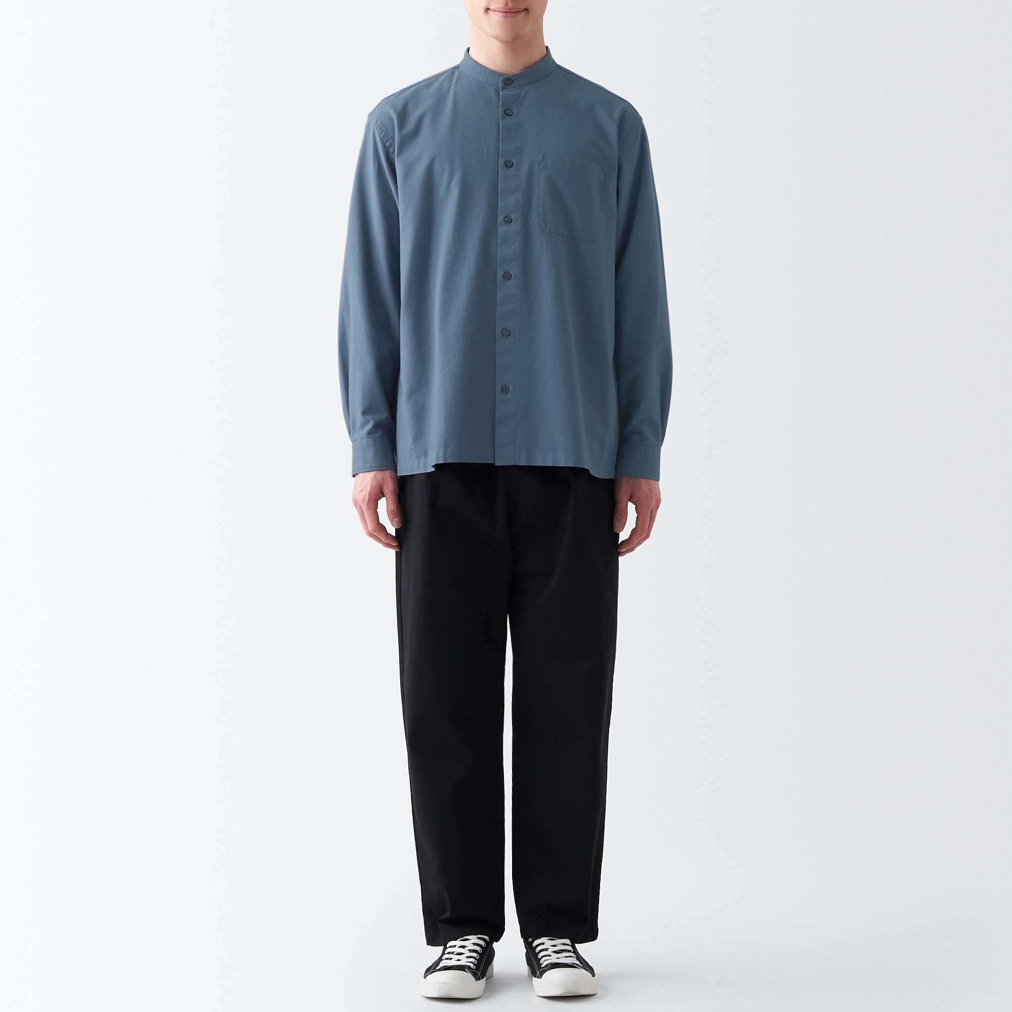 洗いざらしオックススタンドカラー長袖シャツ