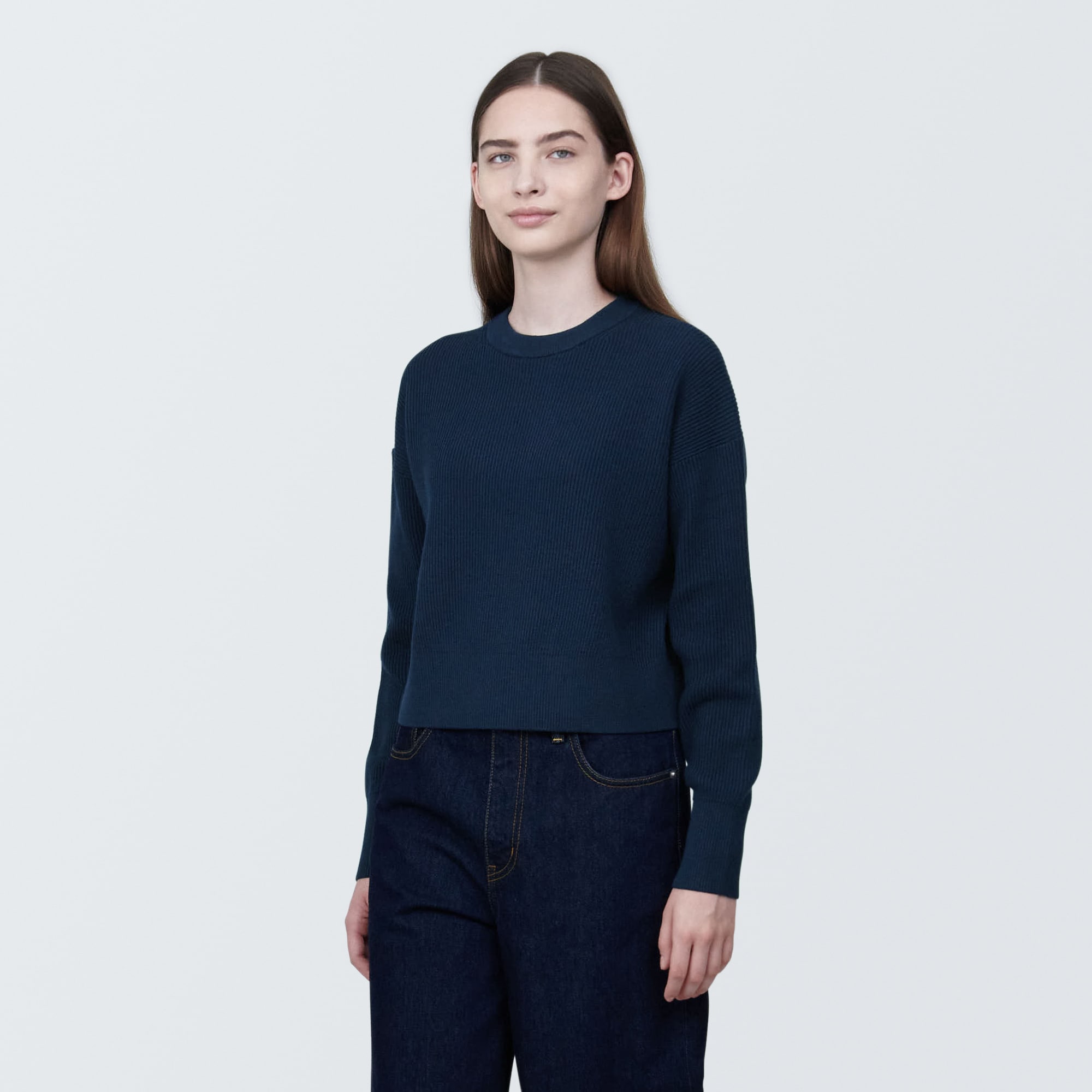 婦人　洗える畦編みショート丈クルーネックセーター