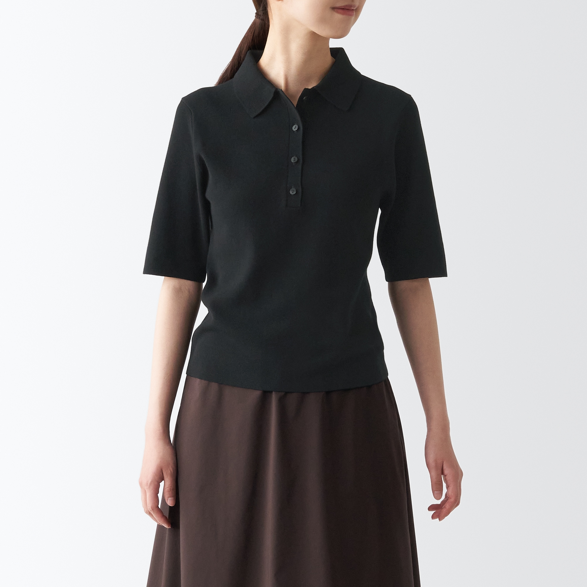 ＵＶカットリブ編み五分袖ポロセーター