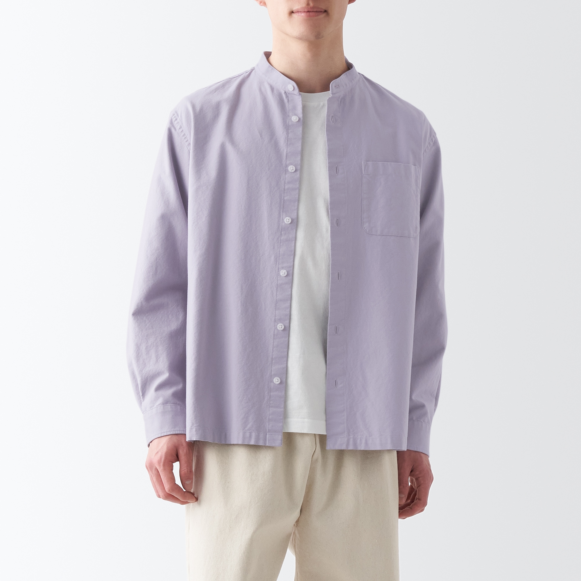 洗いざらしオックススタンドカラー長袖シャツ