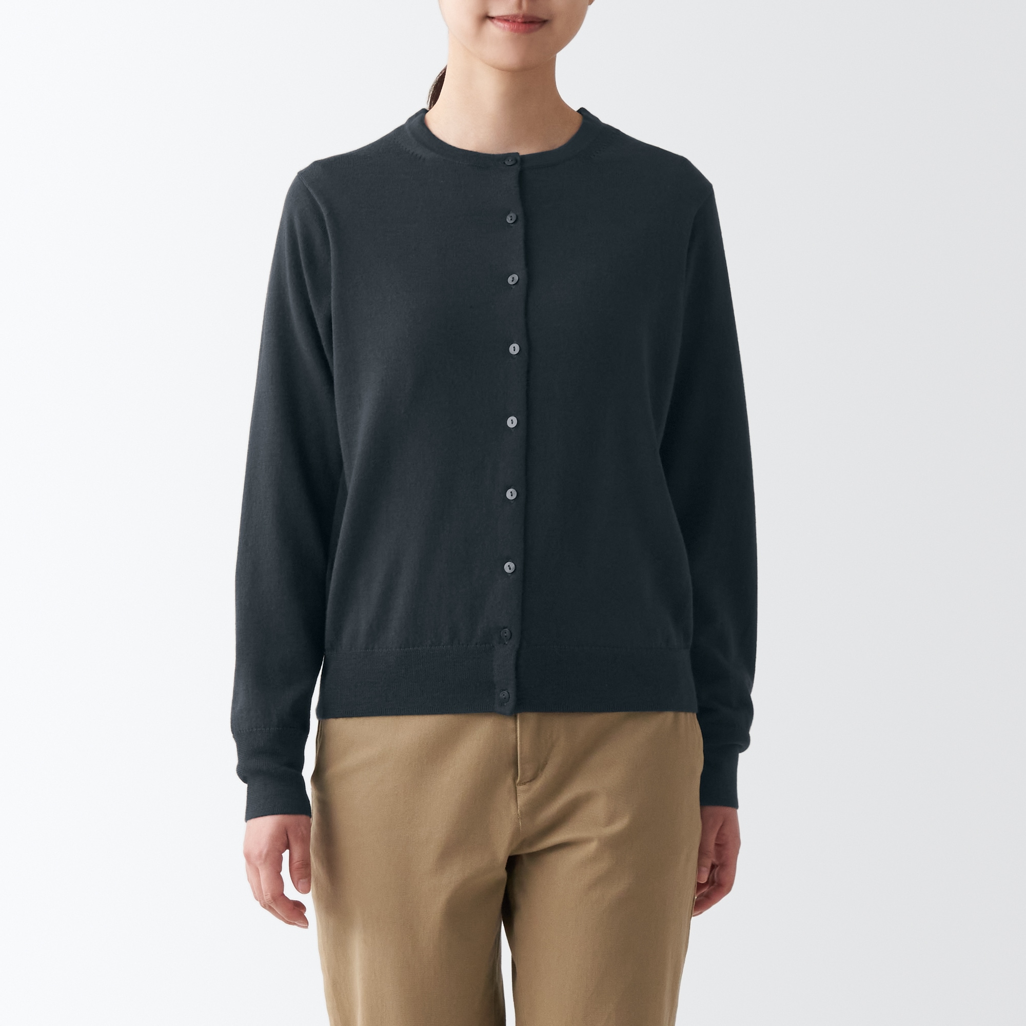 メリノウール洗えるクルーネックカーディガン