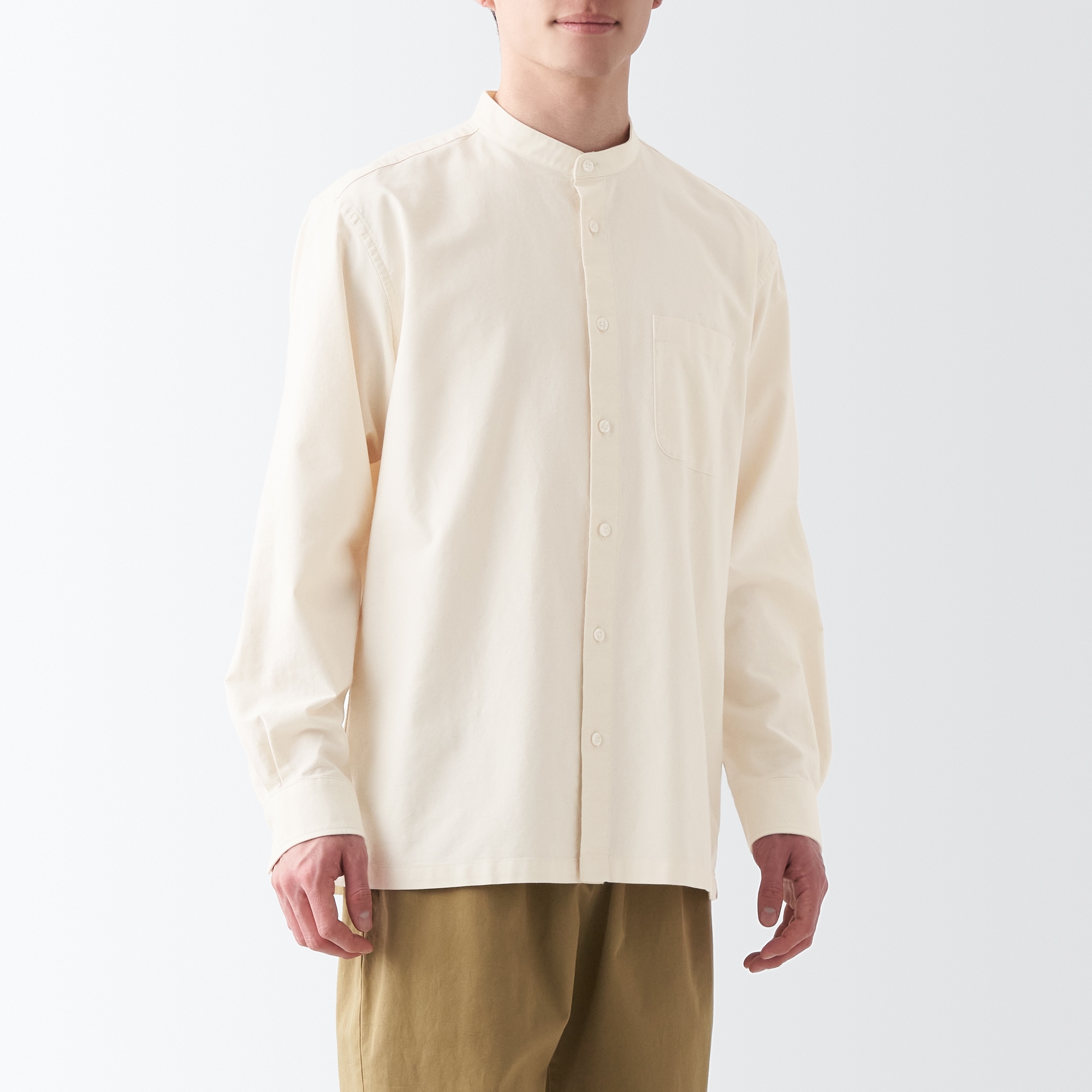 洗いざらしオックススタンドカラー長袖シャツ
