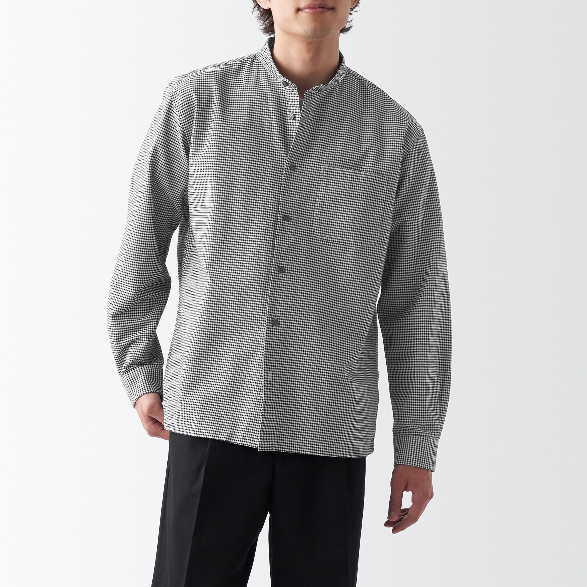 洗いざらしオックススタンドカラー長袖シャツ