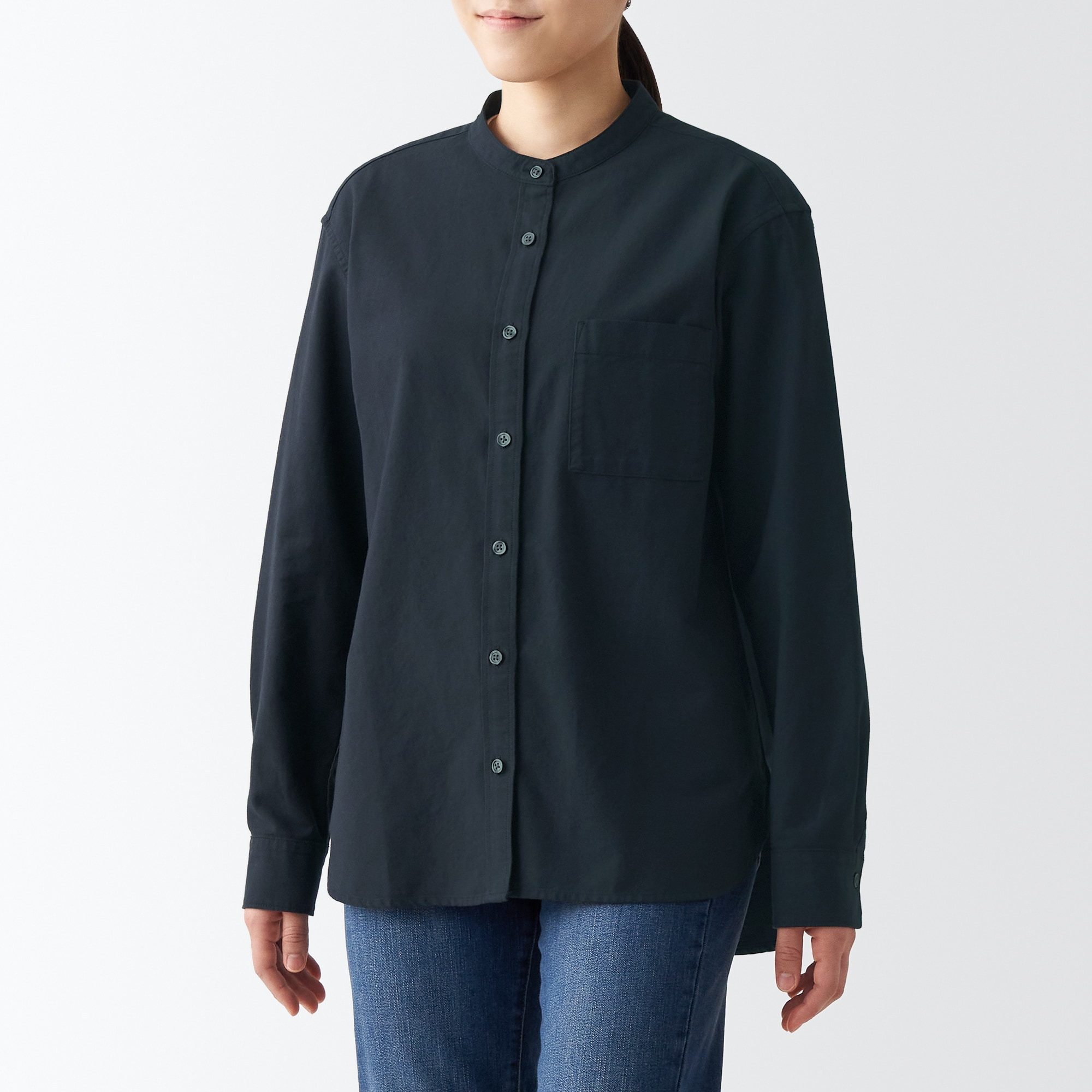 洗いざらしオックススタンドカラーシャツ