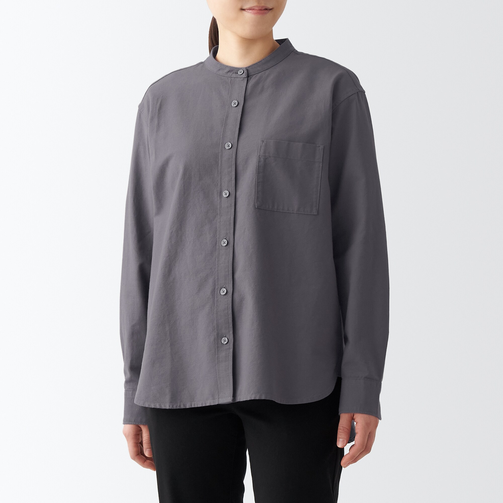 洗いざらしオックススタンドカラーシャツ