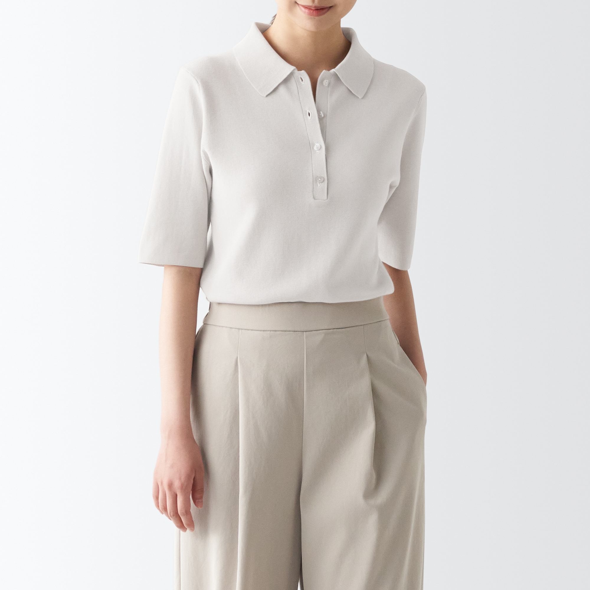 ＵＶカットリブ編み五分袖ポロセーター