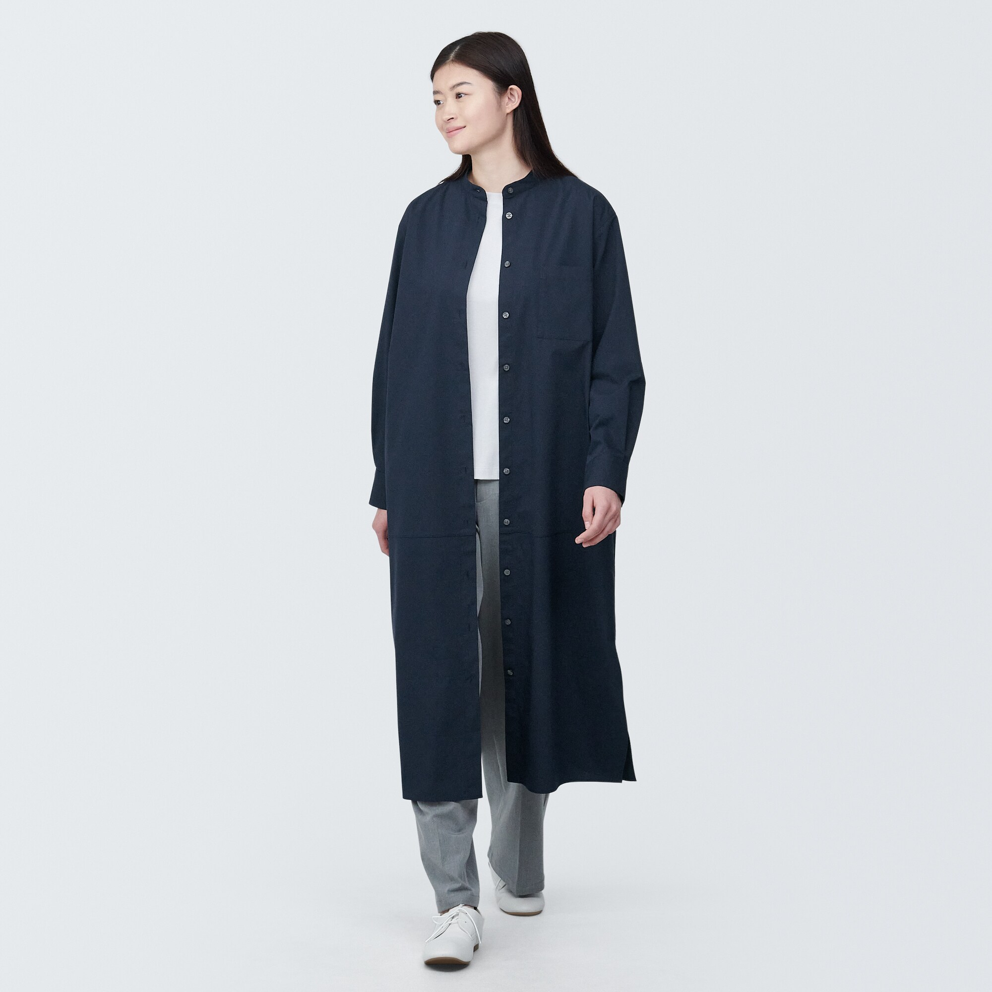 婦人　シワになりにくい　ブロードスタンドカラー長袖ワンピース